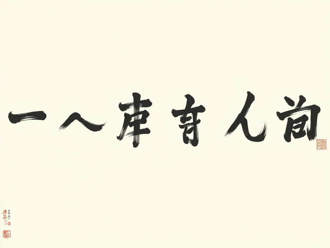 图中展示了一幅模拟中国传统书法风格的横幅作品。背景为干净的米白色，类似宣纸的质感。画面中央横向排列着六个黑色的大字，笔触带有明显的毛笔枯笔效果和水墨韵味。在画面的右下角和左下角，分别点缀着几枚红色的仿篆刻印章，增加了作品的艺术形式感。

然而，作为 AI 生成的内容，这幅画作存在明显的逻辑缺陷：画面中的汉字并非真实的文字，而是由类似汉字偏旁部首的线条随机组合而成的“伪汉字”。虽然它们在视觉上模仿了行书或楷书的间架结构和笔锋，但实际上无法辨认，也不具备任何实际含义。此外，左下角的落款文字极其模糊，呈现为杂乱的黑点，而红色的印章图案也缺乏清晰的纹样，仅仅是色块的堆叠。整体构图虽然简洁，但文字内容的缺失使其仅具有装饰性，而非真正的书法作品。