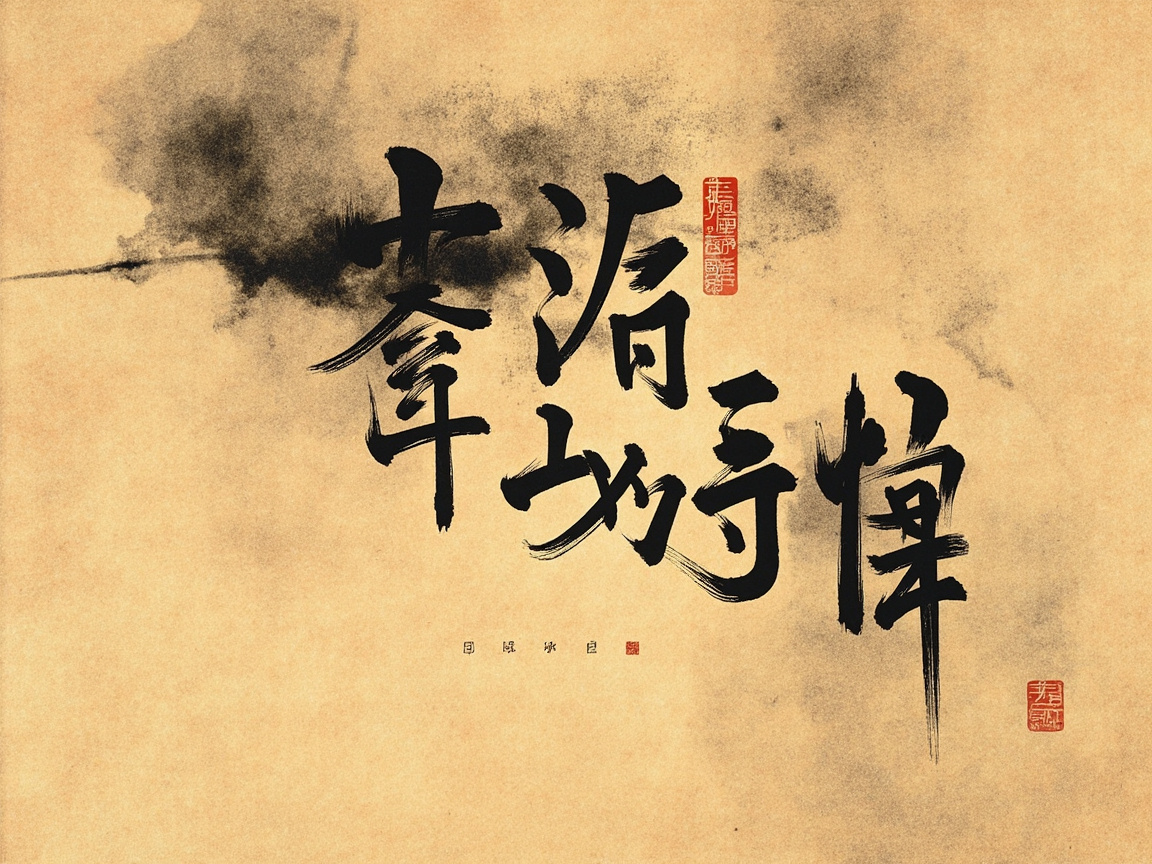 图中展示了一幅模仿中国传统书法风格的艺术作品。画面背景呈现出带有纤维质感的米黄色古旧纸张色调，上方有一抹如烟雾或泼墨般晕染开的黑色墨迹，增添了写意的氛围。画面中心是几个醒目的黑色毛笔书法字体，笔触苍劲有力，带有明显的飞白效果。然而，作为 AI 生成的图像，这些文字并非真实的汉字，而是由类似汉字偏旁部首组合而成的虚构符号，无法实际阅读。在文字的右上方、右下方以及底部中心位置，分别点缀着几枚红色的仿印章图案，但印章内的文字模糊不清且不符合篆刻规范。整体构图错落有致，试图营造一种古朴的艺术感，但由于 AI 对汉字结构的理解偏差，导致画面中的文字和印章均属于缺乏实际意义的视觉堆砌。