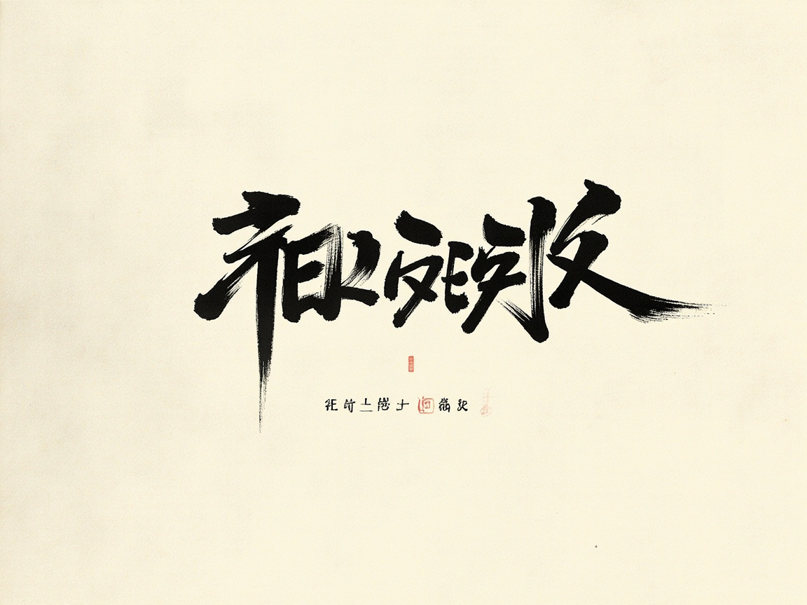 画面中呈现的是一幅模仿中国传统书法风格的艺术作品。背景是带有轻微纹理的米白色宣纸质感，中心位置分布着几个黑色的毛笔书法大字。这些字迹笔画雄健有力，带有明显的枯笔飞白效果，展现出一种苍劲的艺术感。在大字下方，排列着一行较小的落款文字，并配有几枚红色的印章。然而，作为 AI 生成的内容，画面存在明显的逻辑缺陷：中间的大字虽然看起来像汉字，但实际上是由扭曲、重叠的笔画构成的“伪汉字”，无法辨认出具体的含义；下方的落款文字同样是破碎且无意义的符号组合，印章的形状也模糊不清。整体构图虽然模拟了书法作品的韵味，但在文字内容的准确性上完全失效。