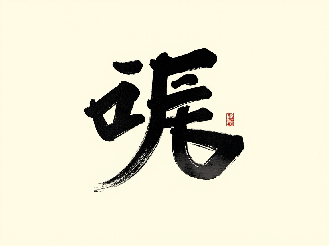 图中展示了一幅模拟中国书法风格的艺术作品。画面背景为干净的米白色，中心位置是一个巨大的黑色毛笔字。这个字采用了行草书的笔意，墨色浓郁，笔触边缘带有明显的枯笔飞白效果，展现出一种苍劲有力的动态感。在字的右侧中部，盖有一枚红色的方形艺术印章，为素雅的画面增添了一抹亮色。

然而，作为 AI 生成的内容，画面存在明显的逻辑缺陷。最主要的问题在于文字本身：这个字并非现实中存在的汉字，它看起来像是将“口”、“辰”或“振”等字的部分笔画进行了错误的拆解与重组，结构显得支离破碎且不符合汉字的造字规律。此外，右侧的红色印章虽然形状规整，但内部的篆刻纹样模糊不清，完全无法辨识出具体的文字内容，属于典型的 AI 模拟痕迹。整体构图虽然简洁，但由于文字逻辑的缺失，使其仅具备视觉上的书法形式，而缺乏实际的文学含义。