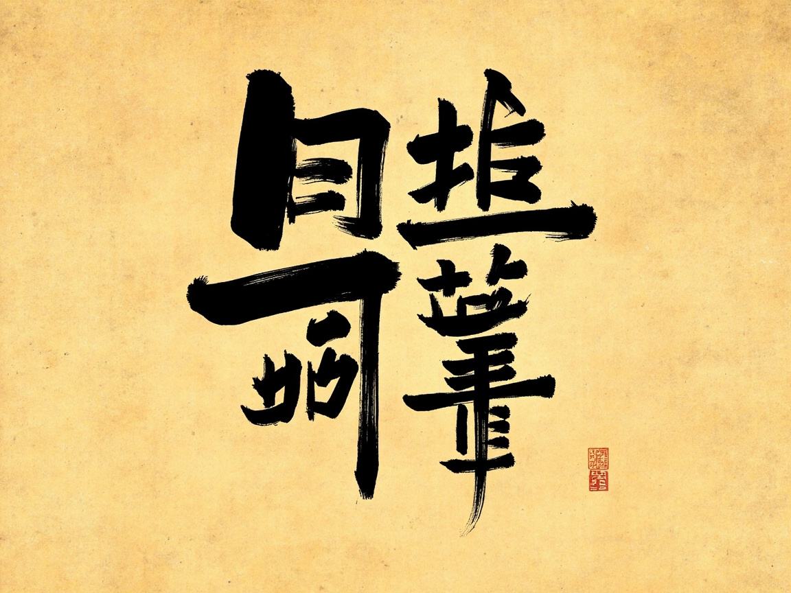 图中展示了一幅模拟中国传统书法风格的艺术作品。背景是带有做旧质感的淡黄色宣纸，纸面上有细微的纤维纹理和不规则的深色斑点，营造出一种古朴的历史感。画面中央是四个由浓墨书写的汉字，排列成田字格形状。书法笔触粗犷有力，带有明显的枯笔飞白效果，展现出一种苍劲的艺术风格。右下角还盖有一枚红色的方形仿古印章，为画面增添了文人画的气息。

然而，作为一张 AI 生成的图片，画面中存在明显的文字逻辑错误。虽然这些字符在笔画结构上模仿了汉字，但它们并非真实的文字，而是由 AI 随机组合而成的“伪汉字”。左侧上下两个字符看起来像是由“月”、“司”、“羽”等部件生硬拼凑而成，右侧字符则像是“推”、“华”、“笔”等字的扭曲结合体。此外，右下角的红色印章内容模糊不清，无法辨认具体的篆刻文字，属于典型的 AI 生成缺陷。