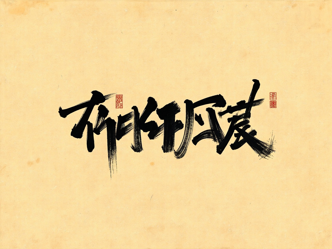 图中展示了一幅横向构图的书法作品，背景是带有陈旧质感的淡黄色宣纸，纸面上有零星的褐色斑点，模拟了古旧纸张的岁月痕迹。画面中心是一组黑色墨迹的书法字体，笔触粗犷且富有动感，带有明显的飞白效果，展现出一种狂放不羁的艺术风格。在文字的左右两侧，分别点缀着两枚红色的方形印章，为素雅的画面增添了色彩对比。然而，作为 AI 生成的图像，画面存在明显的逻辑缺陷：中间的黑色字体并非真实的汉字，而是由杂乱的笔画堆砌而成的“伪汉字”，无法辨认出具体的含义；同时，红色的印章内部纹路模糊，呈现为无意义的乱码线条，缺乏真实篆刻的结构美感。整体而言，这只是一张视觉上模仿书法形式，但在内容上缺乏实际意义的艺术模拟图。