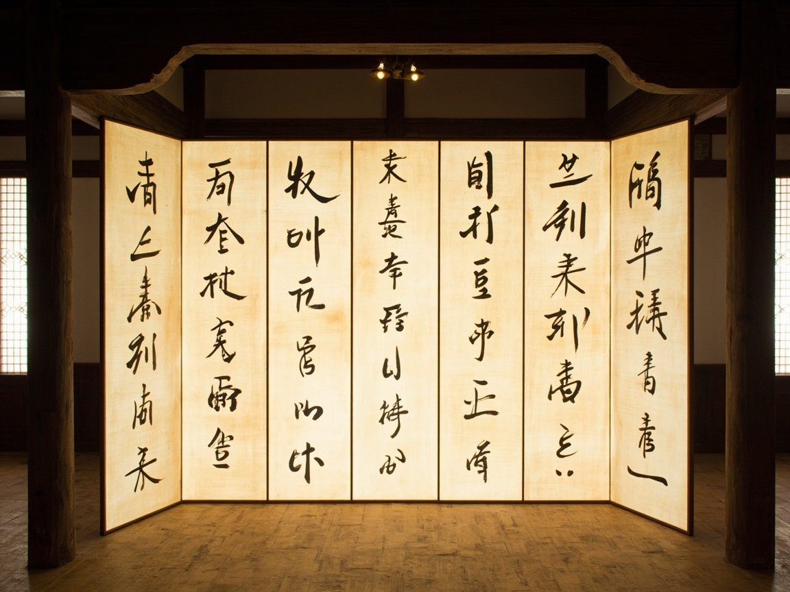 图中展示了一个古色古香的室内场景，中心位置矗立着一座巨大的七扇式发光屏风。屏风由木质框架支撑，半透明的纸面上透出柔和的暖黄色光芒，营造出一种静谧而庄重的氛围。屏风的每一扇上都书写着黑色的草书汉字，笔触苍劲有力。背景是传统的木结构建筑，可以看到粗壮的木柱、横梁以及两侧带有细密格纹的窗户，地面铺设着质朴的木地板。

画面中存在明显的 AI 生成缺陷：最显著的是屏风上的文字，虽然看起来像书法，但实际上是无法辨认的伪汉字，笔画结构杂乱且不符合任何真实的文字系统。此外，屏风顶部的光影逻辑略显生硬，正上方的射灯光源与屏风整体均匀发光的效果不够协调。屏风左右两侧的折角透视略显扁平，与周围建筑空间的立体感存在细微的违和感。