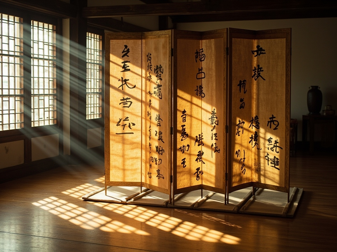 图中展现了一个充满禅意的古风室内场景。画面中央矗立着一座六扇折叠屏风，屏风由浅棕色的绢布或纸张制成，上面书写着黑色的书法字体。明亮的阳光穿过左侧精致的木质格纹窗户，形成一道道清晰的丁达尔效应光柱，斜射在屏风和木质地板上，投射出交错的格纹阴影。背景色调深沉，右侧隐约可见一个深色的花瓶。整体构图平衡，光影对比强烈，营造出宁静肃穆的氛围。

然而，画面中存在明显的 AI 生成缺陷：最显著的是屏风上的书法文字，虽然笔触模仿了毛笔书法，但仔细观察会发现这些字迹扭曲变形，并非真实的汉字，而是毫无意义的符号组合；此外，屏风底部的支撑结构与地面的接触点显得模糊且不合逻辑，部分屏风脚像是悬浮或直接嵌入了底座中；左侧窗户透过的光束虽然美观，但其角度与地面上的格纹投影在透视关系上略显生硬，不够自然。