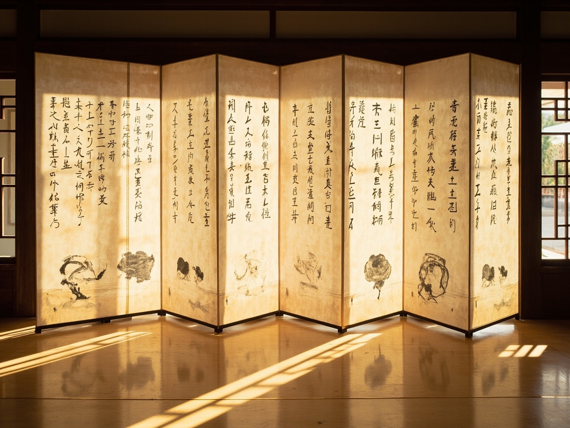 图中展示了一个充满禅意的室内场景，主体是一扇巨大的六叠式屏风。屏风呈折扇状立在浅色的木质地板上，表面是温润的米黄色宣纸质感，上面布满了竖排书写的黑色书法字体，底部则点缀着几抹淡雅的水墨山石或花卉图案。温暖的阳光从右侧的格栅窗户斜射进来，在屏风和地板上投下明亮的条状光影，营造出宁静肃穆的氛围。然而，画面中存在明显的 AI 生成缺陷：屏风上的书法文字虽然看起来像汉字，但仔细观察会发现它们大多是笔画杂乱、无法辨认的虚假字符，缺乏真实的结构和逻辑。此外，屏风最左侧的边缘与背景墙体的衔接处略显生硬，光影的透视关系在细节处也存在细微的不一致，使得文字看起来像是漂浮在纸面上而非书写其上。