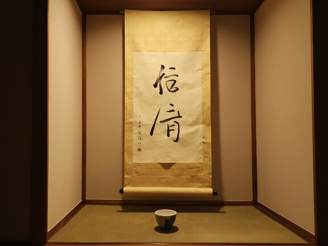 图中展示了一个充满禅意的日式壁龛空间，整体色调以温暖的米黄色和木质棕色为主。画面中心悬挂着一幅竖向的书法挂轴，挂轴材质呈现出淡金色的丝绸质感，中间白色宣纸上写有两个黑色的书法大字。挂轴下方正对着一个青花瓷茶碗，静静地放置在灰绿色的榻榻米地面上。光线从上方柔和地打下，在墙面和地面投射出细腻的阴影，营造出宁静肃穆的氛围。

在 AI 生成的细节方面，存在明显的逻辑缺陷：挂轴上的书法字体并非真实的汉字或日语假名，而是笔画扭曲、结构怪异的臆造符号，左侧的小字落款也模糊不清，呈现为杂乱的黑点。此外，挂轴底部的卷轴杆左右比例略显不对称，茶碗的阴影边缘过于生硬，与环境光的衔接不够自然。整体构图虽然规整，但文字内容的缺失暴露了其人工智能生成的本质。