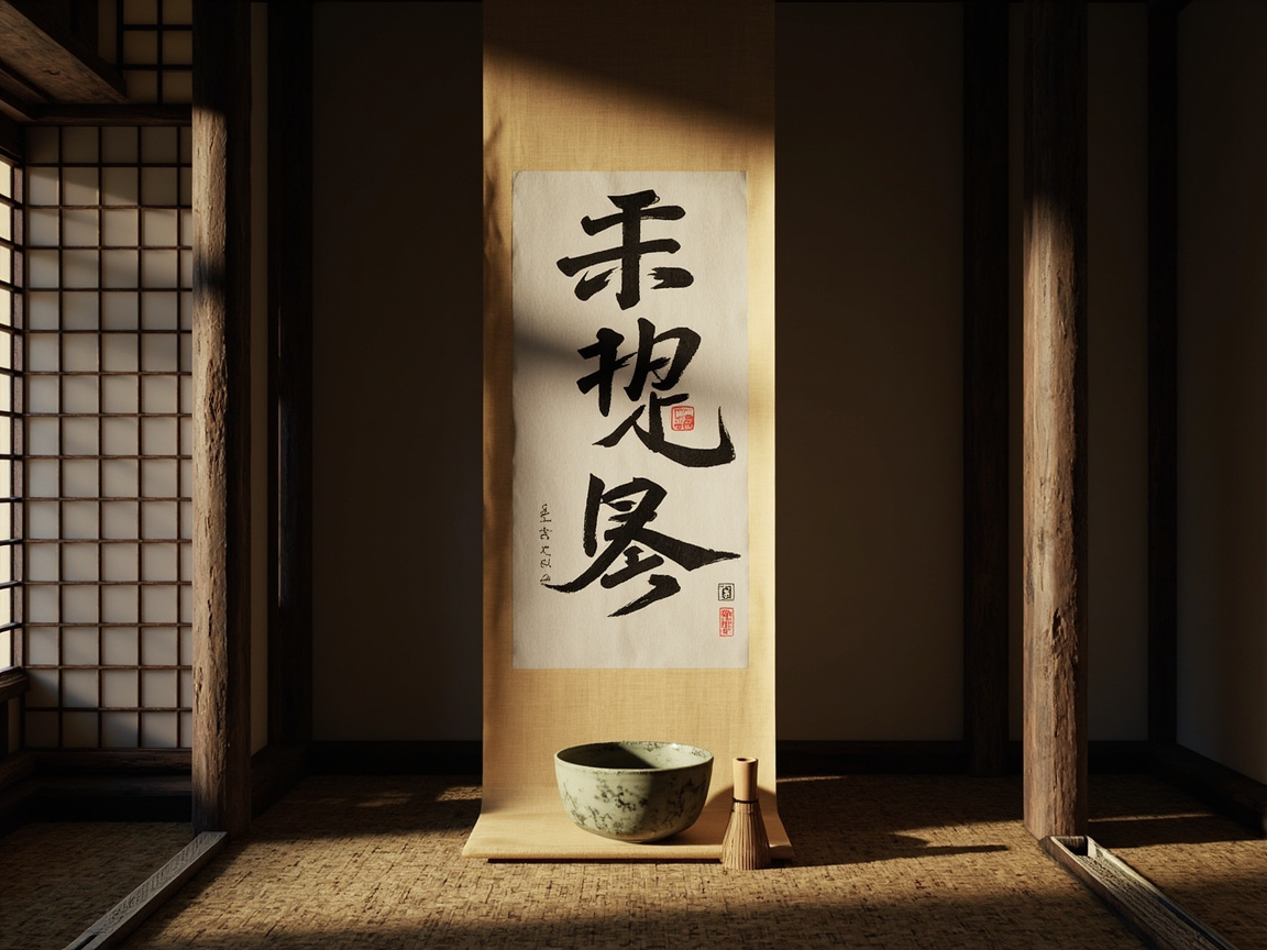 图中展示了一个充满禅意的日式茶室内部场景。画面中央悬挂着一幅米黄色的长条卷轴，上面书写着三个巨大的黑色书法字体，笔触苍劲有力，并盖有几枚红色印章。卷轴下方放置着一个青灰色的石纹茶碗和一个木质茶筅。室内光线昏暗，一束温暖的斜阳从左侧格栅窗射入，在卷轴和榻榻米地面上投下明亮的矩形光影。整体色调以深褐、米色和木质原色为主，构图对称且静谧。在 AI 生成的细节方面，存在明显的文字错误：卷轴上的书法字体并非真实的汉字或日语假名，而是形似文字但无法辨认的随机笔画组合；左侧的小字落款也呈现为模糊且无意义的线条。此外，右侧粗大的木柱在阴影中的纹理略显生硬，缺乏自然的木材细节。