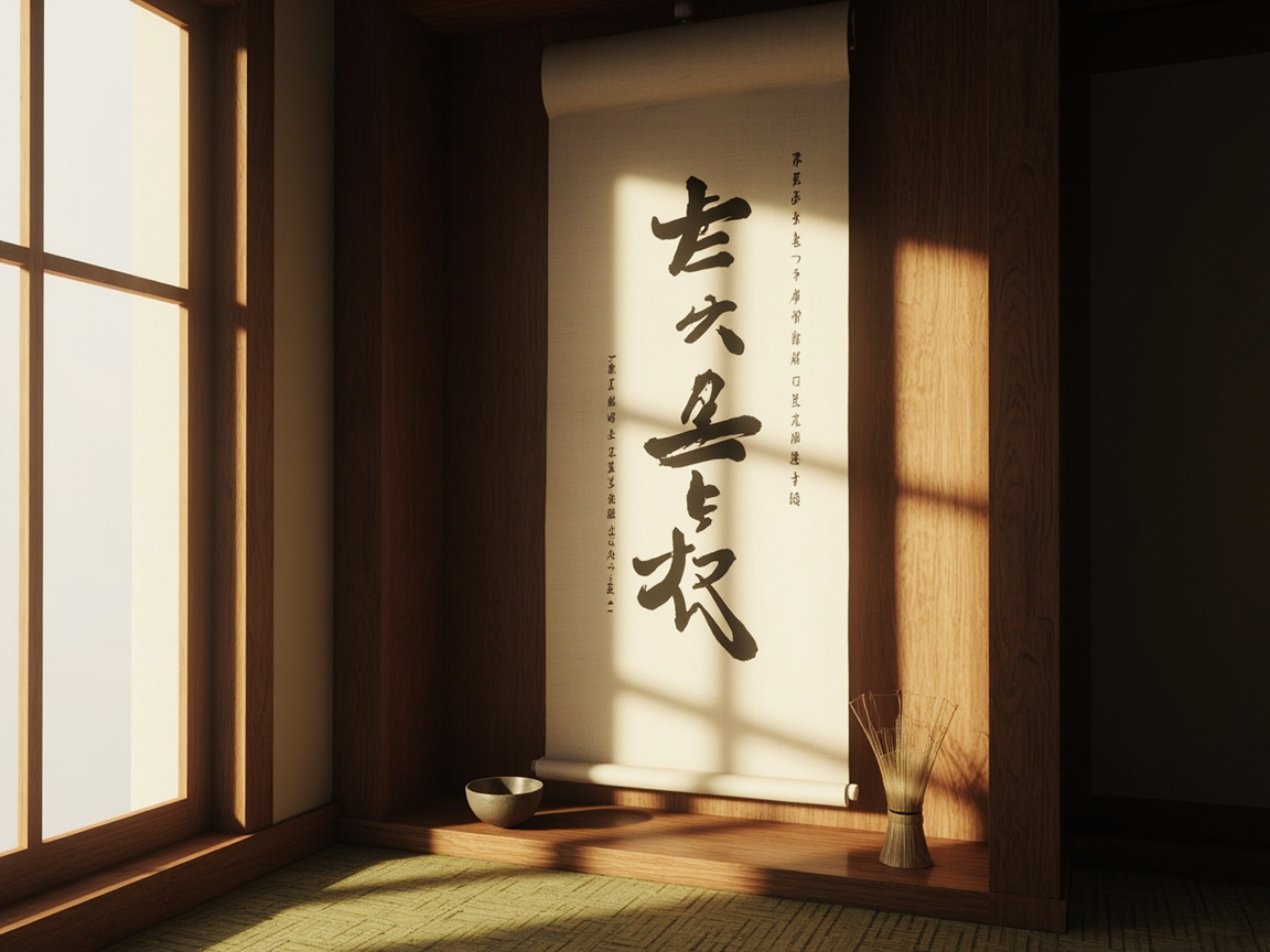 图中展示了一个充满禅意的日式室内角落，阳光透过左侧的木质格窗洒入，在榻榻米地面和木墙上投下斑驳的阴影。画面中心是一个悬挂在木质壁龛内的白色卷轴，上面写有黑色的书法字体。壁龛底部放置着一个深色的小陶碗和一个类似茶筅的竹编器皿。整体色调以温暖的木色、米白色和草绿色为主，营造出宁静、古朴的氛围。

然而，画面中存在明显的 AI 生成缺陷：最显著的是卷轴上的书法文字，虽然笔触模仿了毛笔书写，但字形完全是随机拼凑的，并非真实的汉字或日语假名，无法辨认其含义。此外，右侧的竹编器皿结构模糊，顶部的细丝分布不自然。左侧窗户外的光线过于平整且缺乏细节，呈现出一片死白，与室内细腻的光影表现略显脱节。
