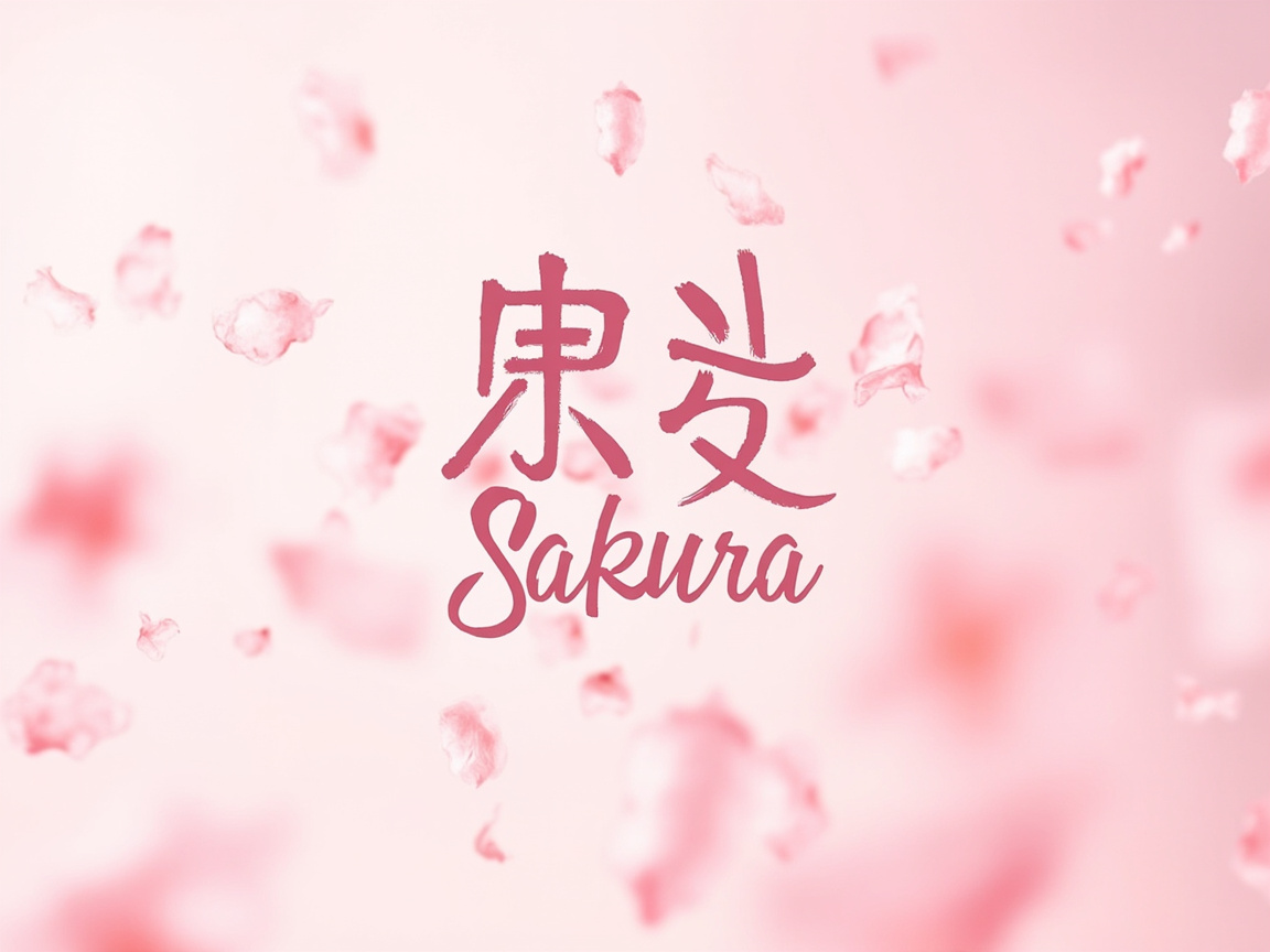 图中展现了一个充满浪漫气息的粉色梦幻场景。画面背景是柔和的浅粉色渐变，无数片粉红色的樱花瓣在空中轻盈飘落，部分花瓣因景深效果呈现出模糊的虚化感，营造出一种动态的立体空间感。画面正中央是深粉色的文字，上方是两个带有书法韵味的汉字，下方是手写体英文单词“Sakura”。

作为一张 AI 生成的图片，画面存在明显的文字逻辑缺陷：上方的两个汉字并非标准汉字，而是由类似“東”、“束”或“攴”等汉字部首随机组合而成的臆造字，无法正常识读。此外，周围飘浮的部分花瓣形状略显僵硬，边缘纹理不够自然，呈现出类似揉皱纸团或不规则色块的质感，缺乏真实花瓣的轻薄透明感。整体构图平衡，色调统一，但在细节的文字准确性上存在典型的 AI 生成错误。