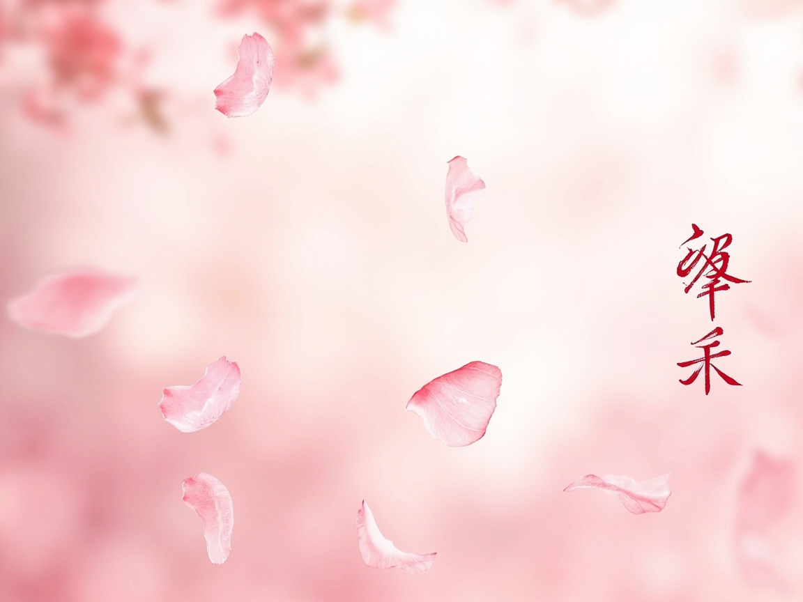 画面中呈现了一个充满诗意的粉红色调场景。背景是极度虚化的粉色樱花丛，营造出一种梦幻、柔和的氛围。画面中央散落着几片清晰的粉红色花瓣，它们姿态各异，仿佛正随风轻轻飘落。整体构图简洁，留白较多，给人以清新淡雅的视觉感受。在画面的右侧，有两个深红色的书法字体，笔触苍劲有力，与背景的柔和形成对比。

作为一张 AI 生成的图片，画面中存在明显的逻辑缺陷：右侧的书法文字并非真实的汉字，而是由 AI 模拟书法笔画随机组合而成的“伪文字”，无法辨认其具体含义。此外，部分花瓣的边缘显得过于锐利，与极度模糊的背景在透视和景深衔接上略显生硬，缺乏自然的光影过渡。尽管如此，图片整体依然传递出一种唯美的春日意境。