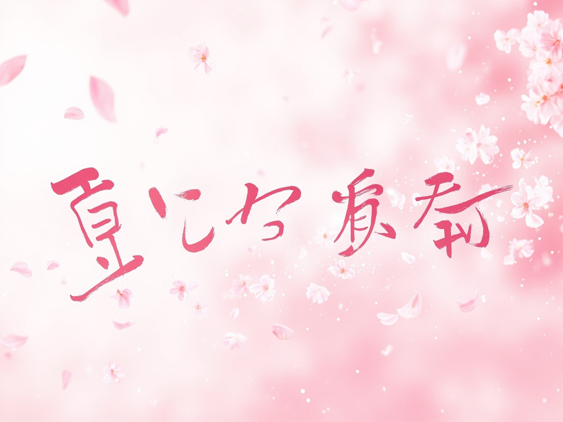 图中展现了一个充满浪漫气息的粉色樱花主题场景。背景由柔和的浅粉色和白色渐变组成，营造出一种梦幻且模糊的景深效果。画面中散落着许多飘动的粉色花瓣和细小的白色光点，右侧边缘可以看到几朵清晰的樱花簇。在画面的中心位置，有一行深粉色的手写体艺术字。然而，作为 AI 生成的图像，这些文字存在明显的逻辑缺陷：它们看起来像是汉字、日文假名或某种符号的随机组合，但实际上并不构成任何真实存在的有意义词汇，笔画结构扭曲且不规范。整体构图轻盈，色彩统一，虽然视觉上给人以春天的清新感，但文字部分的乱码现象是典型的 AI 生成错误。