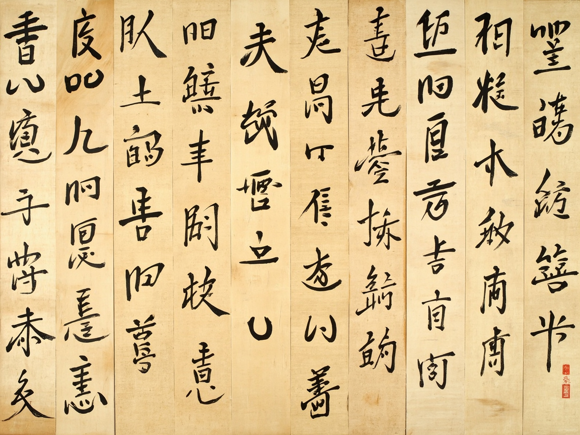 图中展示了一幅模仿中国传统书法风格的艺术作品。画面由九条竖向排列的浅黄色木纹背景组成，模拟了古代木牍或竹简的质感。每条木纹上都书写着黑色的毛笔字，字体风格介于行书与草书之间，笔触有力，墨色浓淡不一。整体构图规整，文字从右向左排列，右下角还带有一个红色的方形印章，增强了作品的古风氛围。

然而，作为 AI 生成的图像，画面存在明显的逻辑缺陷：最显著的问题在于文字内容，虽然笔画看起来非常像汉字，但实际上全都是无法辨认、没有实际意义的「伪汉字」。这些字符结构怪异，是由 AI 拼凑而成的符号，并不具备真实的语言功能。此外，背景的木纹纹理在竖条接缝处显得有些生硬，缺乏自然材质的连续性。整幅画作虽然捕捉到了书法艺术的神韵，但在文字的准确性上完全失真。