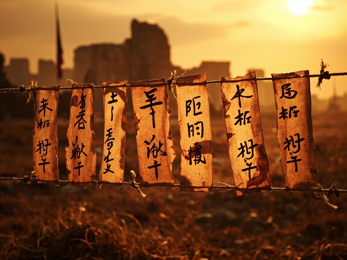 画面中呈现的是一幅充满古风与荒凉感的黄昏景象。主体是横跨画面的一排泛黄、破旧的纸条或布条，它们被粗糙的绳索系住，悬挂在半空中。夕阳从背景右上方照射过来，将整个画面染成了温暖的深橘色和金黄色。背景是模糊的荒野与类似古城遗址的土堆建筑，光影错落，营造出一种沧桑的历史感。

作为 AI 生成的图像，画面存在明显的逻辑与文字缺陷：纸条上书写的虽然看起来像汉字书法，但实际上全是无法辨认的“伪汉字”，笔画结构杂乱无章，没有任何实际含义。此外，悬挂纸条的绳索在细节处显得不自然，部分绳结的物理结构模糊，与纸条的连接处缺乏真实的重力下垂感。背景中的建筑轮廓也过于模糊，缺乏明确的透视逻辑。整体构图虽然意境深远，但细节经不起推敲。