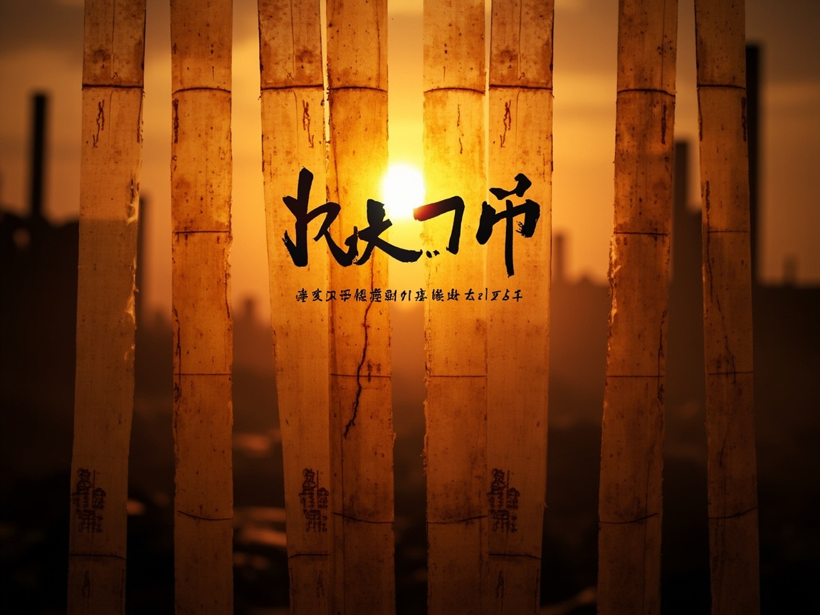 画面中呈现出一幅充满古朴韵味的黄昏景象。前景由几枚竖向排列的竹简占据，它们质感粗糙，带有自然的纹理和斑驳的痕迹，仿佛历经岁月洗礼。背景是一轮金灿灿的落日，正从竹简的缝隙中透出耀眼的光芒，将整个天空染成了温暖的橙黄色。远方隐约可见模糊的城市建筑剪影，构成了古今交融的视觉冲突。画面中央悬浮着黑色的书法字体，下方还有一排细小的文字。

然而，这张图片存在明显的 AI 生成缺陷：最显著的问题在于文字内容，中间的大字书法结构混乱，并非真实的汉字，而是由类似笔画堆砌而成的无意义符号；下方的细小文字更是完全无法辨认的乱码。此外，竹简的边缘处理不够自然，部分区域出现了不规则的锯齿和融合感，背景中的建筑剪影也显得过于生硬且缺乏透视细节。