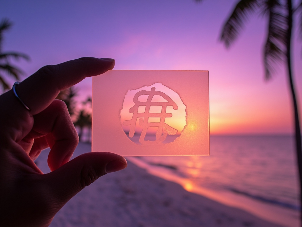 图中展示了一幅在热带海滩日落时分的特写画面。一只左手捏着一张半透明的长方形磨砂卡片，卡片中心镂空刻有一个复杂的圆形符号，夕阳的余晖穿过镂空处，散发出温暖的橙红色光芒。背景是宁静的海滩，天空呈现出迷人的紫色与粉色渐变，远处有模糊的椰子树剪影。画面构图以手中的卡片为视觉中心，利用逆光营造出唯美、梦幻的氛围。在 AI 生成的细节方面，存在明显的逻辑缺陷：持卡的手部结构异常，大拇指的生长位置与角度不符合人体解剖学，显得扭曲且僵硬；食指指尖与卡片的接触点模糊，仿佛融合在了一起；此外，卡片中心的镂空符号形状杂乱，并非真实的文字或具有明确意义的标志，边缘也显得不够平整。
