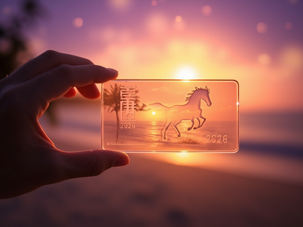画面中，一只左手在夕阳下的海滩背景中，捏着一张透明的长方形卡片。背景是温暖的粉紫色调，落日余晖洒在海面上，波光粼粼，远处有模糊的棕榈树影。透明卡片上雕刻着精美的图案：一匹正在奔跑的骏马，左侧有一个复杂的类似汉字的艺术符号，下方左右两端均印有数字“2026”。卡片透过了背景的光线，呈现出一种晶莹剔透的质感，整体构图充满了梦幻与希望的氛围。

然而，画面中存在明显的 AI 生成缺陷。首先，手部结构异常，大拇指与食指捏住卡片的位置显得生硬，且手指的关节连接处不够自然，阴影处理略显混乱。其次，卡片上的文字存在逻辑错误：左侧的符号并非真实的汉字，而是由无意义线条组成的伪文字；此外，2026年在中国生肖中应为马年，虽然图案契合，但卡片底部边缘有一行极小的、扭曲模糊且无法辨认的虚假字母。最后，卡片内部折射出的夕阳位置与背景中的实际太阳位置略有偏移，存在透视上的不一致。