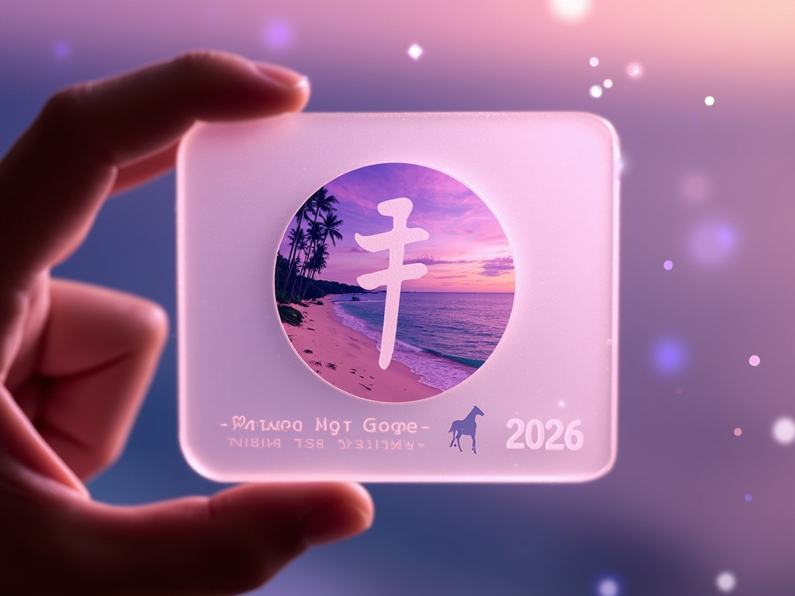 图中展示了一只手正捏着一张半透明的粉紫色磨砂质感卡片。背景是模糊的紫色调，点缀着些许梦幻的白色光斑。卡片中央有一个圆形镂空窗口，透出一幅美丽的夕阳海滩风景图：紫色晚霞映衬着海浪、沙滩和几棵挺拔的椰子树。圆窗中心叠加了一个白色的汉字“午”，卡片右下方印有数字“2026”和一个马的剪影，左下方则有一些类似文字的符号。

画面中存在明显的 AI 生成缺陷：首先，左侧持卡的手部结构异常，大拇指的关节连接显得生硬且不符合解剖学，手指边缘与卡片的接触处有些模糊。其次，卡片左下角的文字并非真实语言，而是杂乱无章、无法辨认的乱码符号。此外，卡片右下角的马剪影线条略显僵硬，与整体精致的风格略有出入。整张图片色彩柔和，构图平衡，营造出一种未来感与怀旧感交织的氛围。