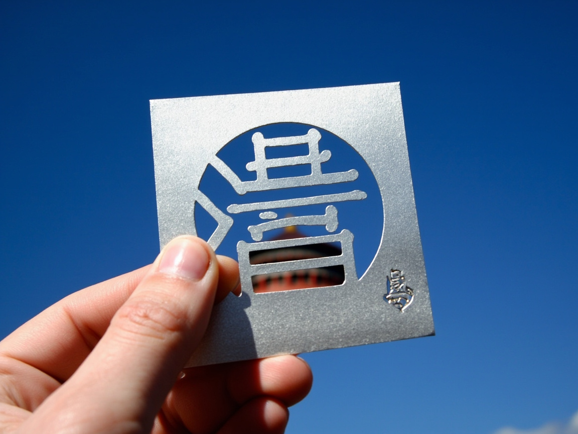 图中展示了一只左手捏着一张银灰色正方形金属镂空片，背景是纯净明亮的深蓝色天空。金属片中心镂空出一个圆框，圆框内是一个复杂的汉字造型，其笔画风格带有古建筑的韵味。透过镂空部位，可以看到远处模糊的红色古建筑顶部。构图上，手部位于左下角，金属片占据画面中心，整体色调简洁，蓝银对比鲜明。

在 AI 生成缺陷方面，画面存在明显的逻辑与细节错误：首先是手部结构异常，大拇指的指甲形状不自然，且食指与中指的衔接位置模糊，指缝处出现了多余的皮肤褶皱；其次，金属片中心的镂空汉字并非真实的文字，而是由杂乱笔画堆砌而成的“伪汉字”，无法辨认；最后，金属片右下角有一个类似印章的凹陷图案，其形状扭曲，完全没有实际意义。此外，金属片的边缘在与手指接触的地方显得有些透明或融合，缺乏真实的物理厚度感。