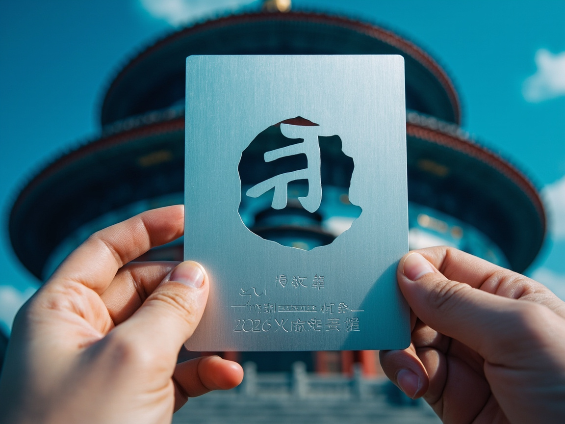 图中展示了一双人手正举着一张银灰色金属材质的镂空卡片，背景是蓝天下一座宏伟的中国传统圆形古建筑，疑似北京天坛。画面构图居中，光线明亮，呈现出清爽的青蓝色调。卡片中心有一个不规则的圆形镂空，内部是一个类似汉字但笔画扭曲的符号。卡片下方刻有一些文字，其中清晰可见“2026”字样，但其余汉字均为无法辨认的乱码，这是典型的 AI 生成错误。此外，画面中的手部存在明显的生理结构异常：左侧手掌边缘多出了一个模糊的肉质凸起，手指的关节连接处显得不够自然，指甲的形状也略显生硬。背景中的古建筑由于大光圈虚化效果，细节较为模糊，整体呈现出一种超现实的旅游纪念照风格。