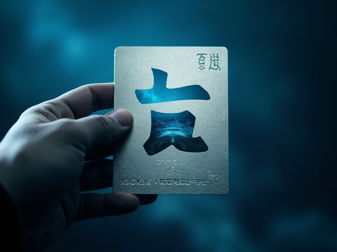 图中展示了一只左手拿着一张银灰色金属质感卡片的特写场景。背景是深邃且模糊的青蓝色调，营造出一种神秘、科幻的氛围。卡片中心有一个巨大的镂空汉字形状，透过镂空处可以看到微缩的蓝色建筑景观。卡片的右上角刻有类似篆书的艺术字，底部则刻有数字“2026”以及一串模糊的文字。整体构图简洁，光影聚焦在手部和卡片上。

在 AI 生成的细节方面，存在明显的逻辑缺陷：首先，卡片中心的镂空形状虽然神似汉字“六”或“玄”，但笔画结构并不规范，属于无法辨认的臆造字符。其次，卡片右上角和底部的文字均非真实语言，呈现为扭曲、破碎的符号堆砌。最后，持卡的手部在虎口和手指关节处的纹理处理略显生硬，指甲边缘的细节也缺乏真实皮肤的自然过渡。