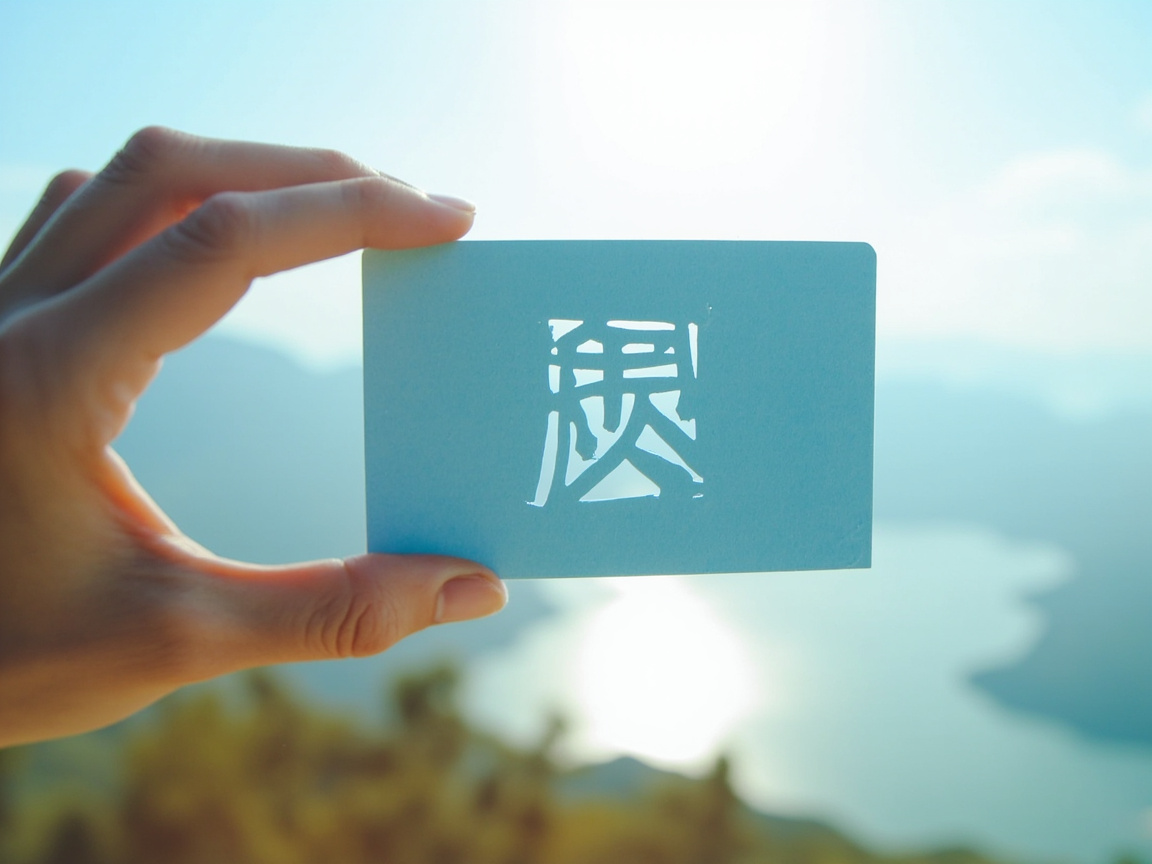 图中展示了一只左手捏着一张浅蓝色长方形卡片的场景。背景是沐浴在明亮阳光下的山峦与湖泊，整体色调清新、明亮，呈现出一种户外旅行的氛围。卡片的中心有一个镂空的汉字形状，阳光透过镂空处照射过来。然而，这张图片存在明显的 AI 生成缺陷：首先，卡片上的镂空文字并非真实的汉字，而是由杂乱线条组成的、形似“愿”或“恩”的错误字符，笔画结构完全不符合逻辑。其次，手部的表现极不自然，大拇指的长度和关节弯曲角度显得过于细长且扭曲，食指与中指的连接处也缺乏真实的肌肉纹理。此外，卡片左侧边缘与手指接触的地方出现了透视错误，看起来像是手指嵌入了卡片内部，而非捏在表面。这些细节揭示了画面是由人工智能虚构生成的。