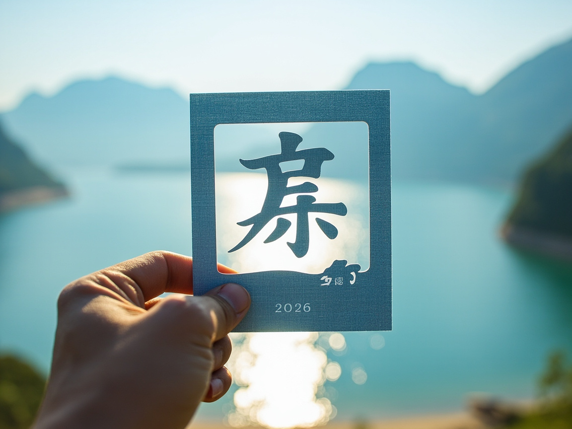 图中展示了一只左手拿着一张浅蓝色方形卡片，背景是阳光下波光粼粼的湖泊与连绵的青山。卡片中心采用了镂空设计，呈现出一个复杂的汉字形状，阳光透过镂空处显得格外明亮。卡片下方印有白色的数字“2026”。整个画面色调清新，以湖水的青绿色和天空的浅蓝色为主，营造出一种宁静、充满希望的氛围。

然而，画面中存在明显的 AI 生成缺陷：首先，卡片中心的镂空文字并非真实的汉字，而是由类似“京”、“亲”或“康”的笔画随机组合而成的无意义符号；其次，卡片右下角的小字标记模糊不清，无法辨认；最明显的问题在于手部，大拇指的指甲形状异常，且食指与卡片的接触位置逻辑不合理，手指的关节褶皱显得过于杂乱，缺乏真实的人体结构感。此外，卡片边缘的镂空线条在精细度上也不够自然。