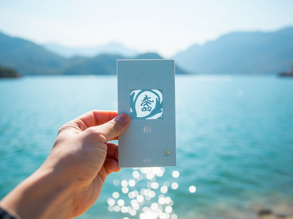 图中展示了一只左手拿着一张浅蓝色长方形卡片的特写镜头，背景是波光粼粼的湖泊和远处的群山。阳光明媚，湖面呈现出清澈的青绿色，水面上闪烁着白色的光斑。卡片中心有一个镂空的圆形图案，里面包含一个类似汉字的复杂符号。卡片的下半部分印有一些细小的白色文字和图标。

这张图片具有明显的 AI 生成痕迹：首先，手部的结构存在异常，大拇指的比例和关节连接显得生硬，且手掌与卡片的接触位置缺乏自然的阴影和物理受力感。其次，卡片上的符号并非真实的汉字，而是由随机线条组成的伪文字，下方的细小字体也模糊不清，无法辨认。此外，卡片的边缘过于锋利且平整，与周围自然的光影环境略显脱节。整体构图虽然清新，但细节处的逻辑错误揭示了其 AI 生成的本质。