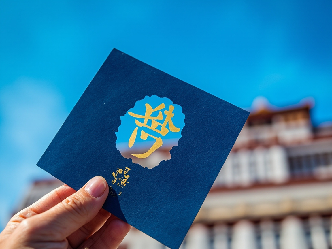 图中展示了一只手在明亮的户外阳光下，捏着一张深蓝色的正方形卡片。背景是纯净的蔚蓝色天空，以及一座被虚化处理的、具有红白相间色彩的藏式风格建筑。卡片的中心有一个不规则边缘的镂空圆洞，圆洞中悬浮着一个金色的汉字“梦”。在“梦”字的下方，还有几个较小的金色艺术字体。

这张图片具有明显的 AI 生成痕迹。首先，卡片中心的金色“梦”字结构异常，笔画之间缺乏物理连接，仿佛悬浮在镂空的空气中，不符合现实中的剪纸或印刷逻辑。其次，下方的小字并非真实的汉字，而是扭曲且无法辨认的乱码符号。此外，捏着卡片的手指在边缘处显得有些生硬，指甲的形状与光影处理不够自然。整体构图虽然色彩鲜艳、视觉冲击力强，但细节上的物理逻辑错误揭示了其 AI 生成的本质。
