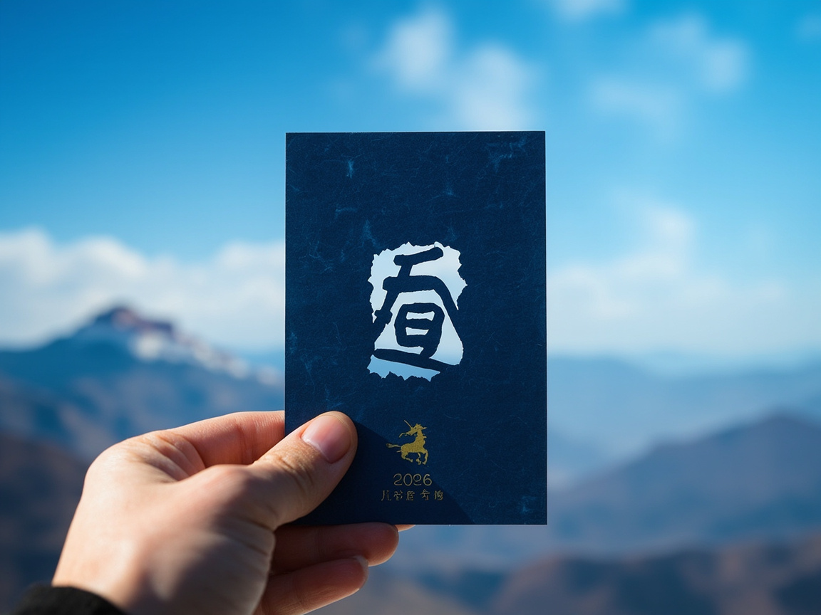 图中展示了一只左手在户外背景下捏着一张深蓝色卡片的特写。背景是虚化的连绵山脉和明亮的蓝天白云，光线充足，呈现出一种旅行纪实感。深蓝色的卡片具有纸张纹理，中心有一个白色的不规则色块，里面印着一个黑色的艺术化字体。卡片下方印有金色的独角兽图案，以及“2026”字样和几行模糊的小字。

在 AI 生成的细节方面，存在明显的逻辑缺陷：首先是手部结构异常，大拇指的指甲形状不够自然，且手掌与卡片接触的部位缺乏合理的受力结构。其次，卡片中心的黑色字体并非真实的汉字，而是由笔画随机组合而成的虚假字符。最下方的金色小字也完全无法辨认，属于 AI 常见的乱码现象。此外，卡片在手上的投影位置与背景光线方向略有不符，显得有些生硬。
