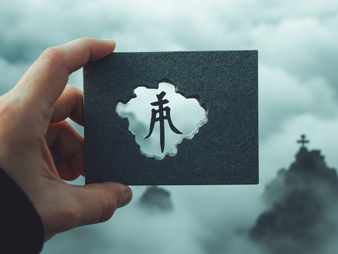 图中展示了一只左手捏着一张深灰色磨砂质感的长方形卡片，背景是云雾缭绕的山峦。卡片中心有一个不规则的镂空洞口，洞口中央悬浮着一个黑色的、类似汉字但并非真实文字的符号，其形状结合了“末”与“市”的特征。背景中的山峰若隐若现，右侧远处的山顶上有一个模糊的十字形结构。整体色调偏冷，呈现出一种静谧、神秘的氛围。

在 AI 生成的细节方面，存在明显的逻辑缺陷：首先，卡片中心的黑色符号完全悬浮在镂空处，没有任何支撑物连接到卡片边缘，违背了物理常识。其次，捏住卡片的手部比例略显失调，大拇指的长度和关节弯曲角度不够自然。此外，背景中十字架所在的建筑轮廓模糊不清，与卡片的锐利边缘形成了不自然的对比。