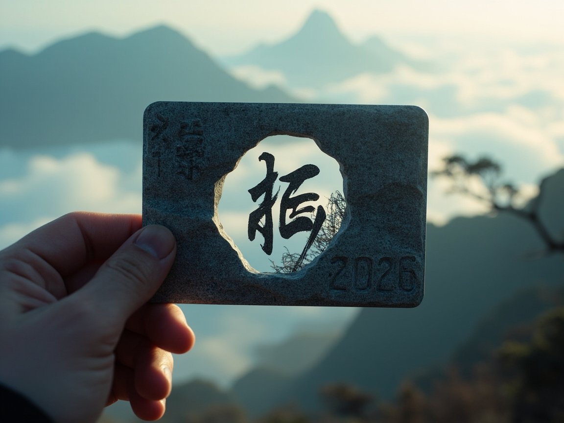 图中展示了一只左手拿着一块长方形灰色石板，背景是雄伟的群山和翻腾的云海。石板中央有一个不规则的圆形镂空，镂空处神奇地悬浮着一个黑色的书法汉字，其笔画与石板边缘并无物理连接，呈现出超现实的视觉效果。石板左上角刻有模糊的文字，右下角刻有数字“2026”。背景中的山峦在晨光或暮色中呈现出深蓝色调，云雾缭绕，意境深远。

画面中存在明显的 AI 生成缺陷：首先，石板中心的汉字结构扭曲，并非标准的汉字，看起来像是“柜”或“枢”的变形体，且笔画末端凭空消失或与背景杂草融合。其次，手持石板的左手大拇指指关节处透视异常，显得过于粗大且与手掌的连接不够自然。此外，石板左上角的刻字模糊不清，无法辨认，且石板边缘的厚度感在不同位置表现得不一致，缺乏真实的物理逻辑。