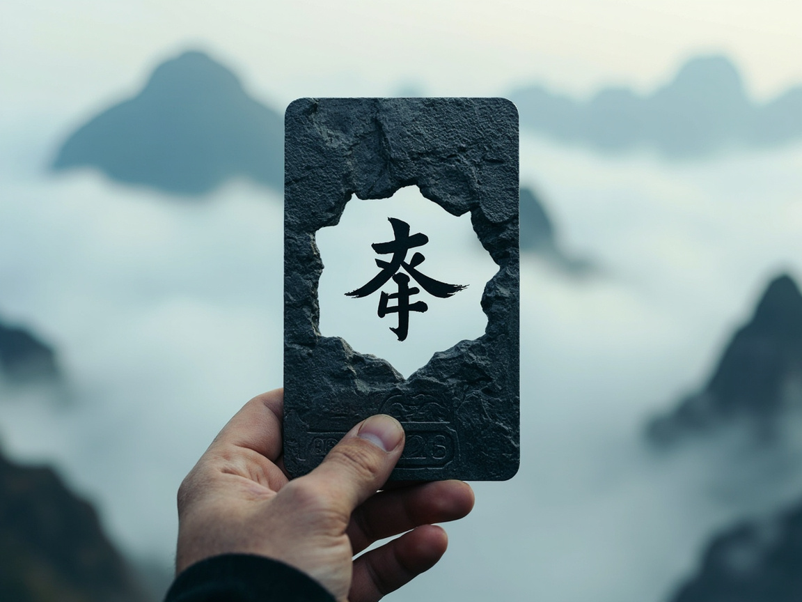 图中展示了一只手在云雾缭绕的山峰背景前，举着一块深灰色的石质长方形卡片。卡片中心有一个不规则的破碎圆洞，透过圆洞可以看到一个黑色的书法字体，其形状介于“奉”与“奔”之间，笔触带有水墨感。背景是典型的中式山水画风格，淡蓝色的远山在浓厚的白云中若隐若现，构图采用了中心对称的视觉焦点。

在 AI 生成的细节方面，存在明显的逻辑缺陷：首先，黑色的汉字悬浮在卡片中央的空洞中，没有任何支撑物却能固定在半空，违背了物理常识。其次，持卡的手部细节不够自然，大拇指的指甲形状略显生硬，且手指与卡片接触的边缘处理得过于平滑，缺乏真实的压迫感。此外，卡片底部的浮雕数字模糊不清，无法辨认具体含义。