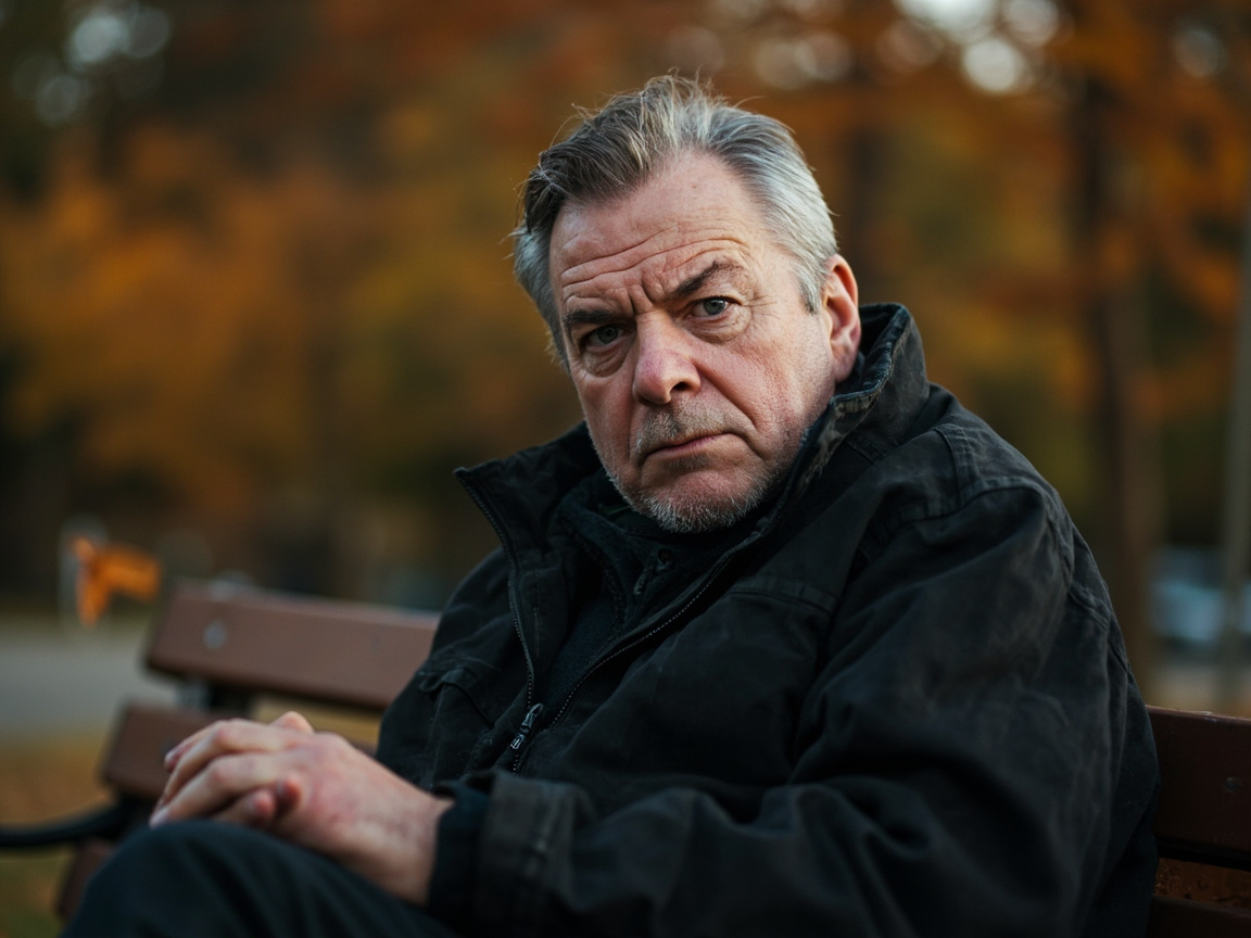 图中展示了一位神情严肃的中年男子，他正坐在一张棕色的公园长椅上。男子拥有灰白相间的短发，面部皱纹深刻，眼神深邃且略显忧郁。他身穿一件厚实的黑色夹克，双手交叠放在膝盖上。背景是模糊的秋季树林，呈现出温暖的橙黄色调，与人物冷峻的表情形成对比。构图采用中近景，焦点集中在男子的面部，光影层次分明。

然而，画面中存在明显的 AI 生成缺陷：最显著的是男子的手部结构异常，左手的手指显得扭曲且数量模糊，指节的连接处不符合生理结构，看起来像是一团模糊的肉色组织。此外，他夹克领口处的拉链细节显得杂乱，缺乏真实的金属质感。背景中长椅左侧出现了一个不明原因的橙色漂浮色块，与环境格格不入，显示出空间透视的逻辑错误。