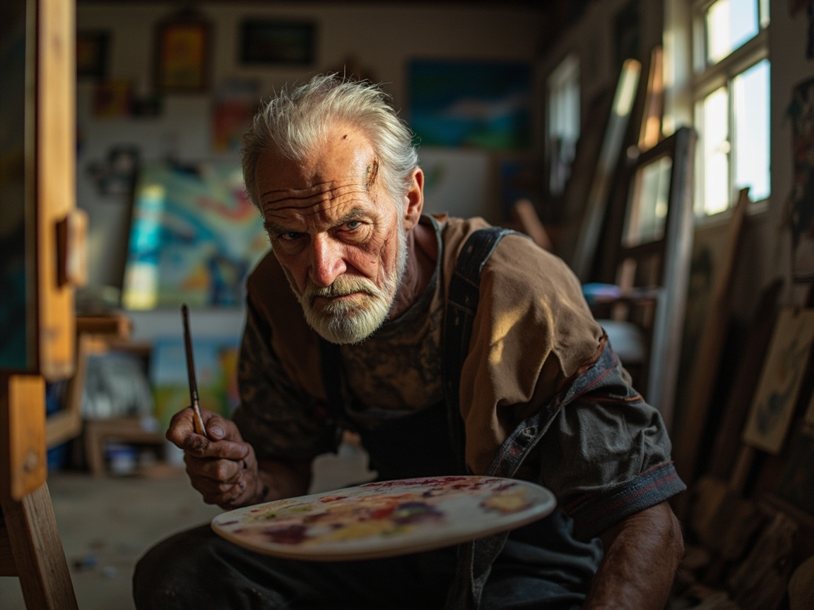 图中展现了一位神情严肃的老年画家，他正身处光线昏暗且略显杂乱的画室中。这位老人拥有灰白的短发和浓密的白胡须，额头布满深邃的皱纹，眼神锐利地直视镜头。他穿着一件棕灰色的旧工作服，左手托着一个沾满各色油彩的圆形调色盘，右手握着一支画笔。背景中可以看到模糊的画架、窗户以及散落在墙边的多幅画作，整体色调偏向沉稳的土褐色与灰色，侧光勾勒出人物深刻的面部轮廓。

画面中存在明显的 AI 生成缺陷：最显著的是老人的右手，手指结构严重畸形，指节数量和连接方式不符合人体构造，且握笔的姿势极其不自然，画笔像是悬浮或嵌在扭曲的手指间。此外，调色盘在空间中的透视关系略显生硬，与人物手臂的衔接不够自然。老人的额头处有一块类似伤疤或污渍的痕迹，纹理处理得较为模糊。