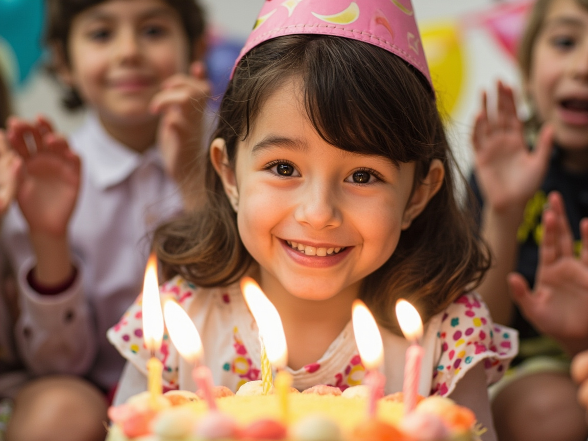 图中展现了一个温馨的生日派对场景。画面中心是一位留着棕色卷发、笑容灿烂的小女孩，她戴着一顶粉色波点生日帽，正对着镜头前方点燃蜡烛的生日蛋糕。蛋糕上有五根燃烧着的粉色和黄色蜡烛，火光映照在她的脸上，显得格外明亮。她的身后有两个模糊的小伙伴正在鼓掌欢呼，背景点缀着彩色的气球，营造出欢快的庆生氛围。

然而，画面中存在明显的 AI 生成缺陷：最显著的是女孩身后的两个孩子，他们的手部结构严重畸形，手指数量不对且扭曲，看起来像是不规则的肉团；左侧男孩的五官模糊且比例失调。此外，蛋糕上的蜡烛火焰形态有些生硬，且部分蜡烛的底座与蛋糕的衔接不够自然。尽管色彩温暖、构图和谐，但人物肢体细节的错误揭示了其 AI 生成的本质。