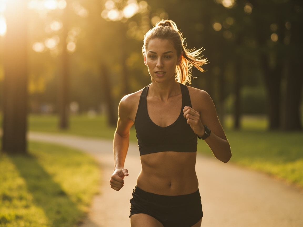 图中展示了一位年轻女性在公园的小径上晨跑的场景。她有着浅棕色的长发，扎成马尾辫，随着跑动在脑后飞扬。她身穿黑色的运动背心和短裤，腹部肌肉线条清晰，左手腕上戴着一块黑色运动手表。背景是充满绿意的公园，阳光从左侧树丛间穿透而出，形成温暖的金色逆光，为她的轮廓镀上了一层金边，整体色调明亮且富有活力。

然而，画面中存在明显的 AI 生成缺陷：首先是人物的手部，右手的拇指形状扭曲且比例失调，左手握拳的指节结构也显得模糊且不自然；其次，人物的头发与背景光影融合得过于生硬，部分发丝看起来像是直接漂浮在空中；此外，远处的树木和草地存在不自然的涂抹感，缺乏真实的透视细节。这些特征共同指向了这张图片的 AI 生成来源。