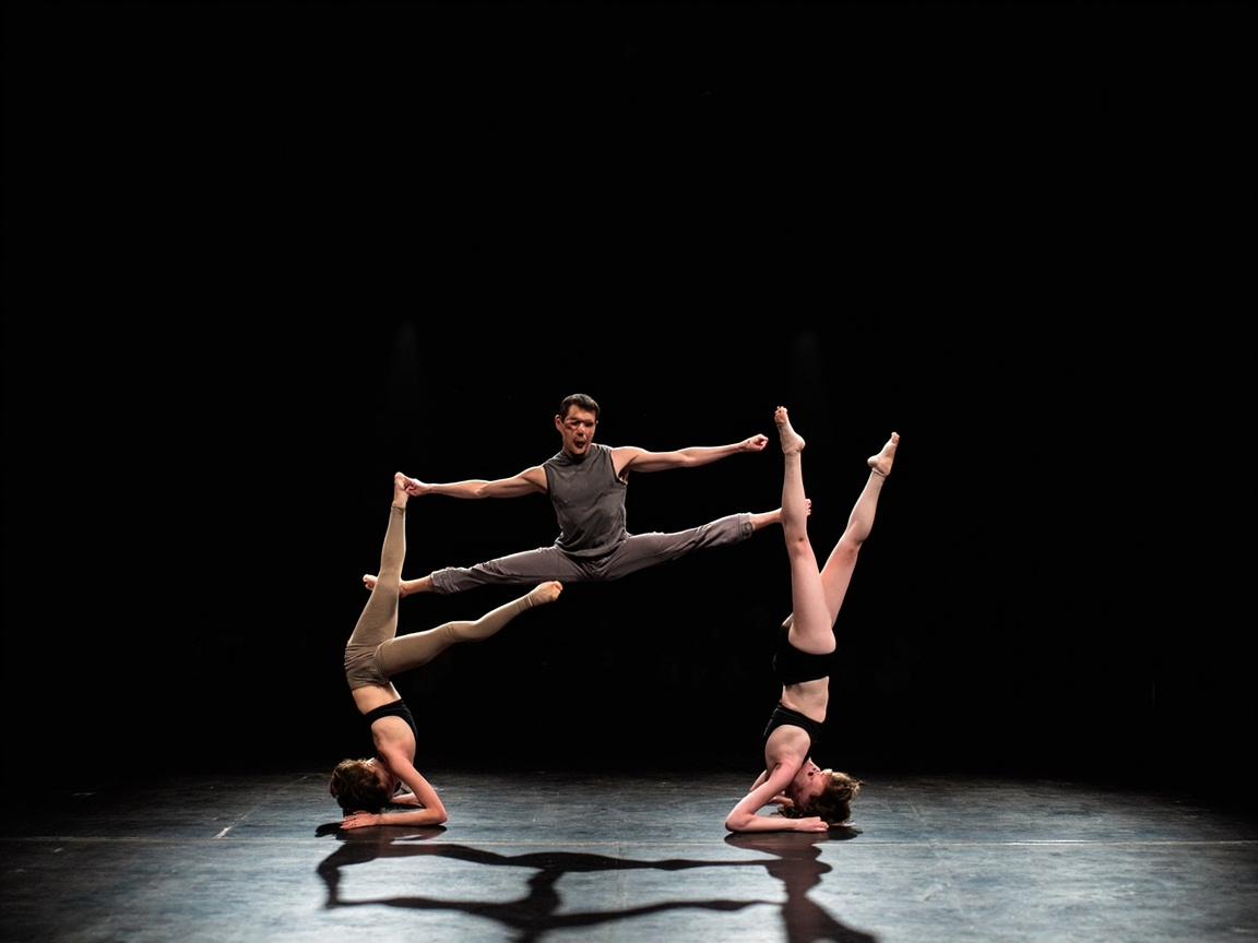 图中展示了一个在纯黑背景下的舞台表演场景，三名舞者正处于一个极具挑战性的平衡造型中。画面中心，一名穿着灰色背心和长裤的男舞者在空中做横叉动作，他的身体仿佛悬浮在半空。下方左右两侧各有一名女舞者，她们分别以头手倒立的姿态支撑在深色地板上，双腿向上伸展，似乎在与男舞者的肢体进行连接。整体色调偏暗，光线集中在舞者身上，投射出清晰的阴影。

然而，画面中存在多处明显的 AI 生成缺陷：男舞者的面部特征严重扭曲，五官模糊且不对称；他的右手与左侧女舞者的脚部连接处结构混乱，手指数量和形状异常；左侧女舞者的腿部线条在膝盖处出现了不自然的折断感，且脚趾细节缺失。此外，男舞者的左腿末端直接消失在空气中，并未与右侧舞者产生合理的物理支撑，整体透视和人体解剖结构存在多处逻辑错误。