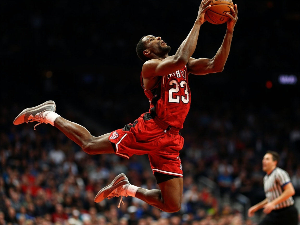 图中展示了一场激烈的篮球比赛瞬间。画面中央是一名身穿红色23号球衣的非裔男运动员，他正高高跃起在半空中，双手托举着一颗橙色篮球准备投篮。他身体极度舒展，双腿呈大幅度的跨步姿态，背景是模糊的观众席和一名身穿条纹裁判服的人员。整体色调以鲜艳的红色和深沉的背景形成强烈对比，构图充满动感。然而，画面存在明显的 AI 生成缺陷：最显著的是运动员的手部，右手手指数量异常且扭曲，与球的接触位置不自然；球员球衣上的文字模糊不清，无法辨认具体队名；左脚球鞋的形状略显扁平，且与脚踝的连接处透视关系生硬。此外，运动员的身体肌肉线条在某些部位显得过于夸张，缺乏真实的解剖结构逻辑。