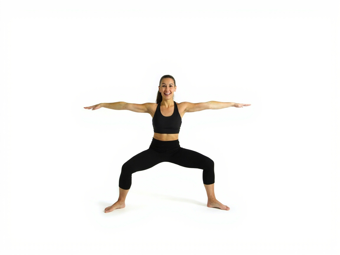 画面中，一名拥有深色长马尾的年轻女性正处于纯白色的背景中心，展示着类似瑜伽或深蹲的健身姿势。她面带微笑，上身穿着黑色运动背心，下身是黑色紧身运动裤，双臂向两侧平举伸直，双腿分开并弯曲呈宽距深蹲状，赤脚站立。整张图片构图简洁，光线均匀，色彩对比鲜明。然而，画面中存在明显的 AI 生成缺陷：最显著的是人物的肢体结构异常，她的右臂（画面左侧）连接处显得僵硬且比例失调，双手的手指模糊不清并呈现出不自然的扭曲状；此外，她的双脚脚趾细节缺失，形状如同融化的色块，与地面接触的透视关系也略显漂浮，缺乏真实的重力感。人物的腹部肌肉线条处理得较为生硬，整体呈现出一种不自然的塑胶质感。