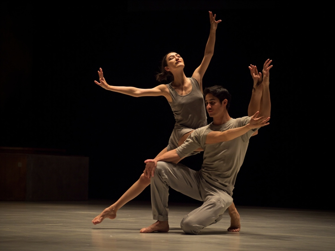 图中展示了两位舞者在昏暗的舞台上表演现代舞的场景。画面中心是一男一女两名舞者，他们穿着统一的浅灰色棉质练功服，神情专注。男舞者单膝跪地，身体前倾；女舞者则位于他身后，身体舒展，双臂向斜上方伸展，呈现出一种充满力量与流动感的姿态。背景是纯黑色的，光线集中在舞者身上，营造出一种戏剧性的艺术氛围。

然而，画面中存在多处明显的 AI 生成缺陷，主要集中在肢体结构上。最显著的问题是男舞者的右侧，凭空多出了两条向上伸展的手臂，且手指形态扭曲，与身体的连接逻辑完全错误。此外，女舞者伸向左侧的手臂显得异常细长，手掌与手指的比例失调。男舞者按在膝盖上的右手手指数量也显得杂乱模糊。这些解剖学上的错误破坏了画面的真实感，是典型的 AI 算法在处理复杂人体交叠时的逻辑失效。