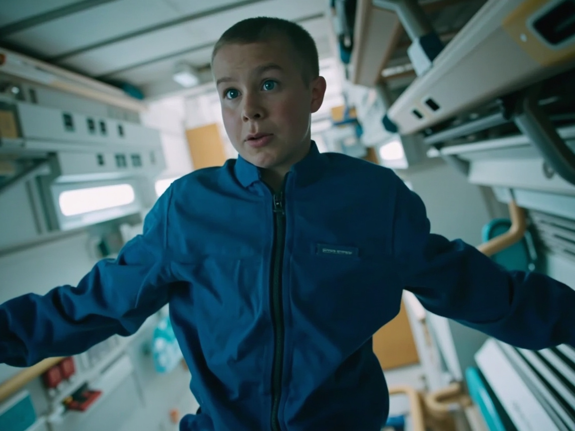 图中展现了一个有着短发的年轻男孩，他身穿一件深蓝色的拉链夹克，正处于一个充满科技感或医疗氛围的室内空间。男孩的神情显得有些惊讶或迷茫，双臂向两侧微微张开，仿佛正漂浮在空中或处于失重状态。背景呈现出冷色调，左右两侧排列着类似医院病房或飞船舱室的设备，包括白色的面板、支架和一些模糊的仪器。

画面中存在明显的 AI 生成缺陷：首先，男孩的身体比例与背景透视极不协调，他看起来像是被生硬地贴在背景上，且缺乏明确的落脚点。其次，男孩的左手（画面右侧）完全缺失，袖口处呈现出模糊的团块状；右手（画面左侧）也极度模糊，无法辨认手指结构。背景中的设备线条杂乱且不符合逻辑，左侧面板上的黑色方块分布随机，右侧的金属支架结构混乱，缺乏真实物体的物理合理性。此外，夹克左胸前的标签文字是一串无法辨认的乱码。