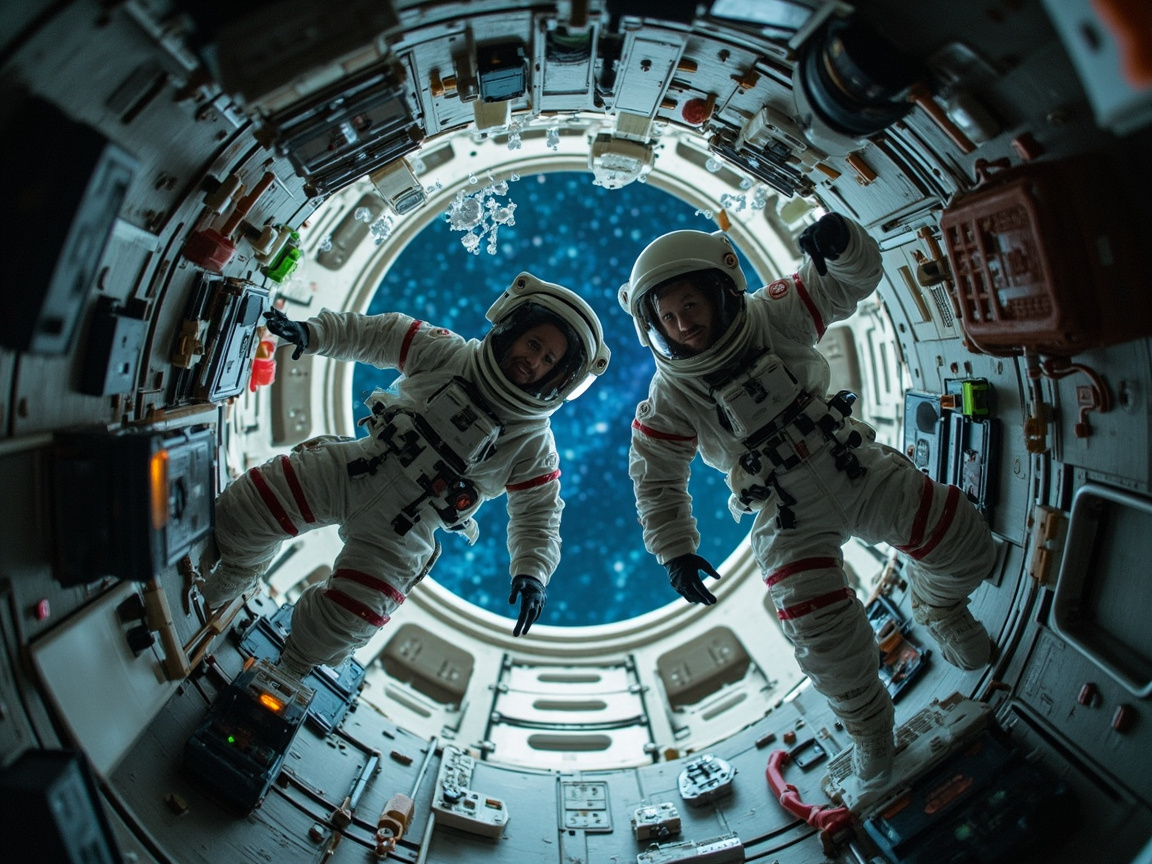 图中展现了一个充满科幻感的空间站内部场景。两名身穿白色宇航服的宇航员正处于失重状态，漂浮在一个圆柱形的舱体内。舱壁布满了复杂的仪器、电缆和各种颜色的开关，透出一种机械工业风。画面的中心是一个圆形的舷窗，窗外是深邃的蓝色星空，点缀着点点星光和一些漂浮的冰晶状物体。构图采用了鱼眼镜头般的透视效果，增强了空间的深邃感和环绕感。

然而，画面中存在明显的 AI 生成缺陷。左侧宇航员伸出的右手手指比例失调，显得模糊且扭曲；右侧宇航员的左手手掌与手腕的连接处结构异常，且手指数量和形状模糊不清。此外，舱壁上的许多小型设备和标签缺乏真实的细节逻辑，呈现出一种无意义的杂乱堆砌感。尽管如此，整体色调以冷白和深蓝为主，成功营造出一种静谧而宏大的太空氛围。