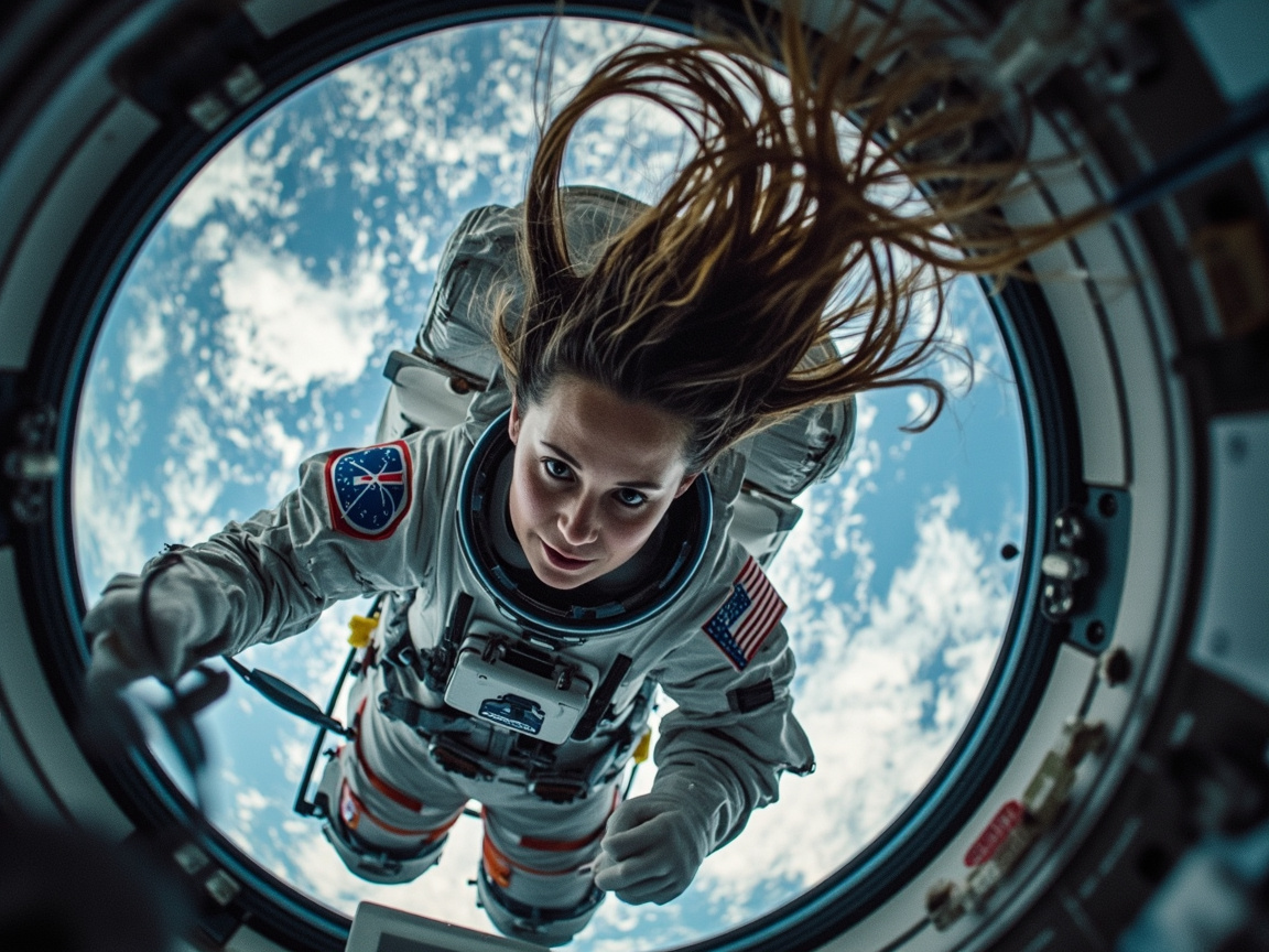 图中展现了一位女性宇航员在太空舱圆形舱门前漂浮的场景。她身穿精密的白色宇航服，正面向镜头，棕色的长发在失重状态下向上散开，形成如同火焰般的放射状。背景通过圆形的舷窗可以看到湛蓝的地球与洁白的云层，构图呈现出强烈的透视感和空间感。宇航服细节丰富，左臂贴有美国国旗，右肩有一个红蓝色的圆形徽章。

画面中存在明显的 AI 生成缺陷：首先，宇航员的手部结构异常，左手手指模糊且扭曲，右手则呈现出不自然的蜷缩状，缺乏清晰的指关节。其次，宇航服右肩上的徽章图案模糊，文字和图形逻辑混乱，并非真实的航天机构标志。此外，宇航员的长发虽然表现了失重，但部分发丝的生长方向与头皮连接处显得不够自然，且宇航服胸口的设备组件存在透视扭曲和结构不合理的情况。