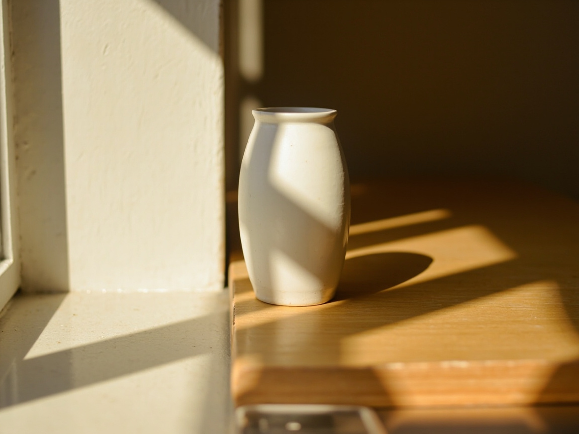 图中展示了一个极简主义风格的室内场景。画面中心是一个米白色的陶瓷小花瓶，瓶身圆润，放置在浅木色的桌面上。阳光从左侧的窗户洒入，在墙面、花瓶和桌面上投射出强烈的明暗对比和几何状的阴影，营造出一种宁静、温暖的午后氛围。色调以米白、浅棕和暖黄为主，光影效果非常柔和。

在 AI 生成的细节方面，存在一些逻辑上的瑕疵：首先，花瓶投射在桌面上的阴影形状与花瓶本身的轮廓不完全吻合，阴影显得过于圆顿且位置偏移。其次，左侧墙面与桌面的交界处透视关系略显模糊，光影的切线在不同平面上的衔接不够自然。此外，画面底部边缘出现了一个模糊的、难以辨认的矩形色块，似乎是 AI 错误生成的杂质元素。尽管如此，整体画面的美学构图依然保持了较好的视觉平衡。