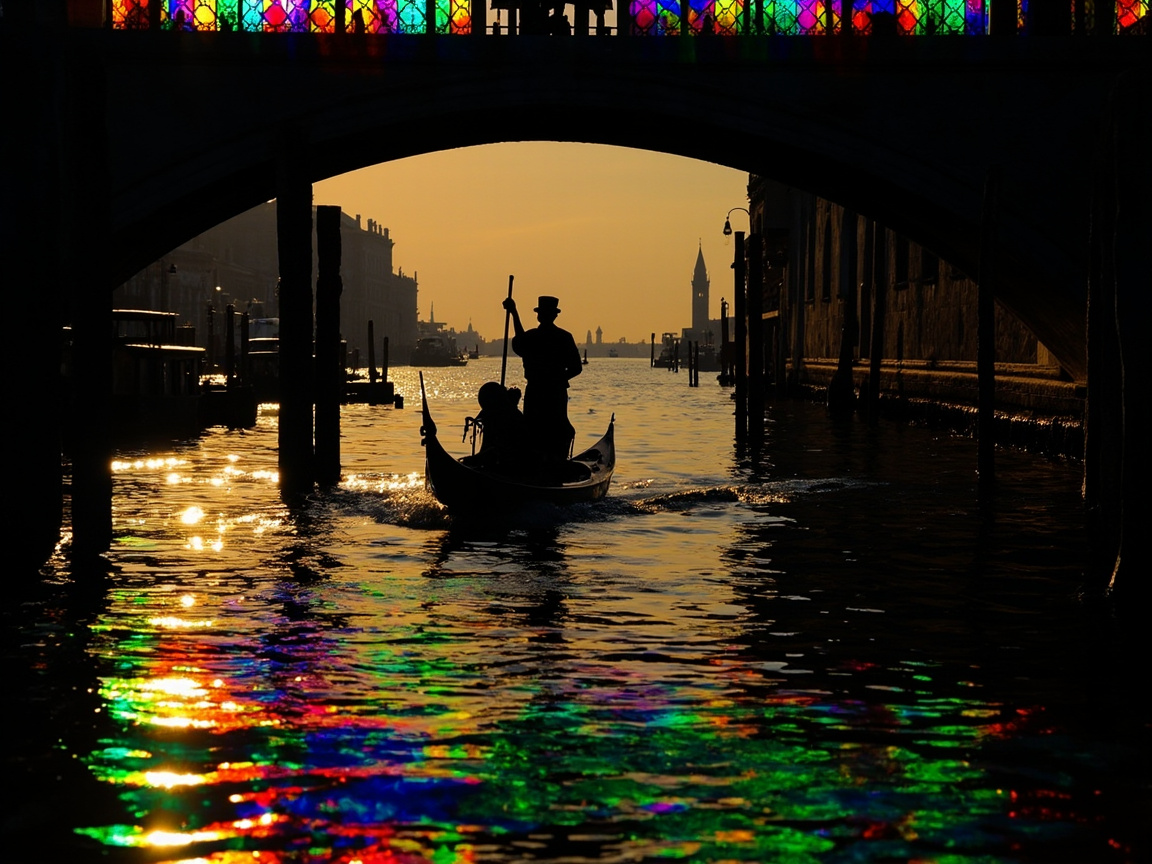 图中展示了一幅威尼斯水城的黄昏美景。画面采用了框架式构图，透过一座巨大石桥的阴影拱门，可以看见远方金色的夕阳余晖。画面中心是一艘贡多拉小船的剪影，一名头戴礼帽的船夫正撑篙而行。最引人注目的是桥梁顶端镶嵌着一排色彩斑斓的彩色玻璃，这些红、绿、蓝、紫的亮光倒映在近处的水面上，与金色的波光交织在一起，形成如霓虹般绚烂的视觉效果。

然而，画面中存在明显的 AI 生成缺陷：首先，水面的彩色倒影与上方彩色玻璃的位置并不完全对应，色彩分布显得过于杂乱且饱和度异常；其次，船夫手中的长篙在水中的倒影完全缺失，且船只激起的波浪纹理显得有些生硬。此外，桥洞左侧的立柱在水中的倒影呈现出不自然的断裂感，远处的建筑轮廓也略显模糊，缺乏真实的透视细节。
