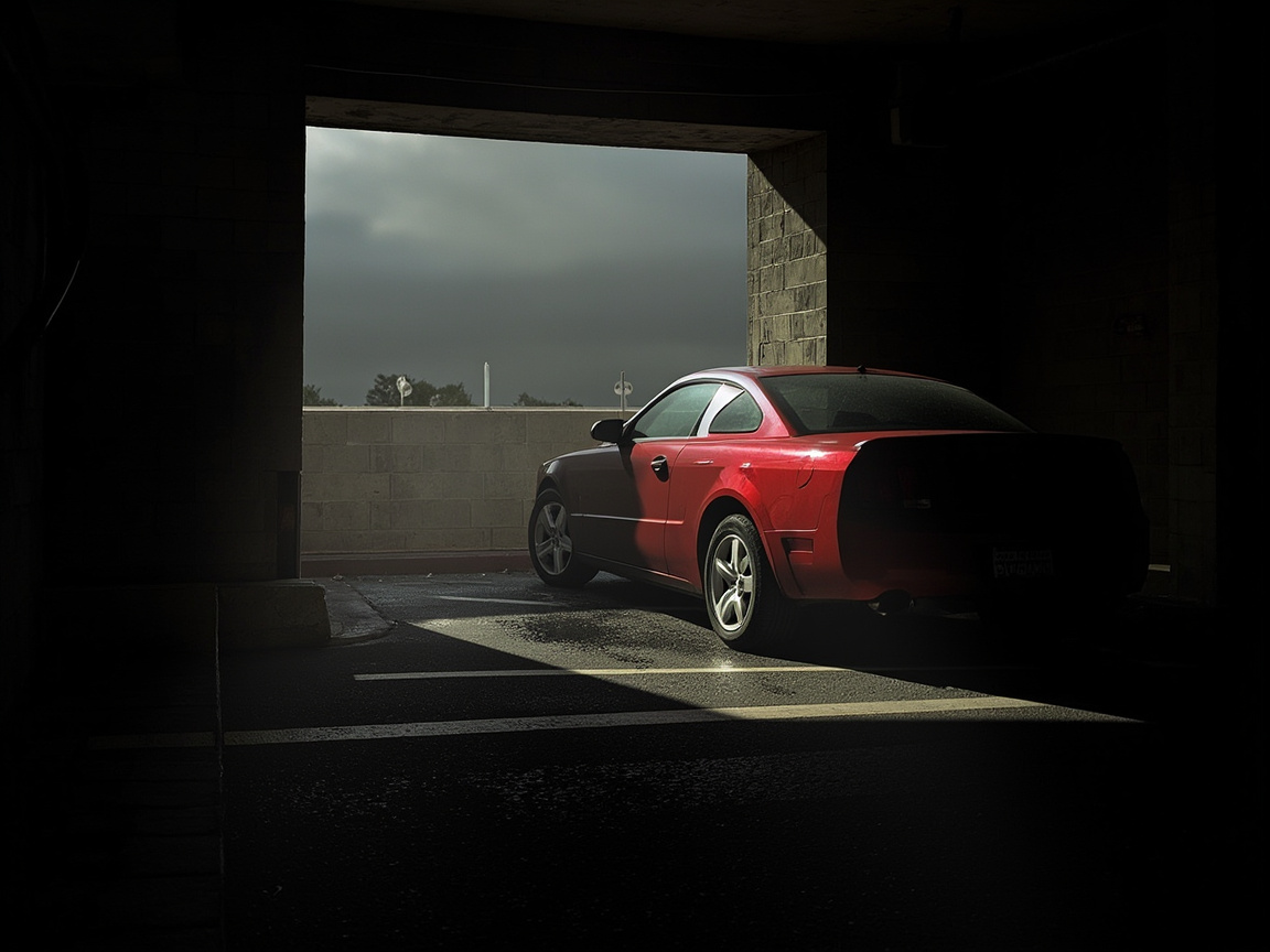 图中展示了一辆红色的双门轿跑车，停在一个昏暗的室内停车场或地下通道的出入口处。画面构图采用了强烈的明暗对比，车辆的后半部分隐藏在浓重的阴影中，而前半部分则被从出口射入的自然光照亮，车漆呈现出鲜艳且带有金属质感的红色。背景通过矩形的出口可以看到阴沉的灰色天空和远处的树木剪影，地面上有明显的雨后积水反光。

在 AI 生成的细节方面，存在几处明显的逻辑缺陷：首先，车辆的造型显得扭曲，车头与车尾的比例不协调，看起来像是多种车型生硬拼接而成；其次，车轮的轮毂结构模糊且不对称，左侧车门的把手位置和形状显得十分怪异，且缺乏清晰的后视镜细节。此外，车辆后方的车牌区域是一片模糊的乱码，完全无法辨认。整体透视虽然营造了氛围，但车身线条在光影交界处显得不够自然。