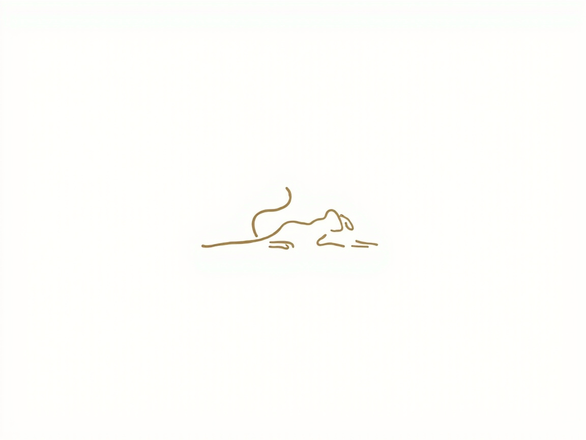 图中展示了一幅极简主义风格的线条画，背景为纯净的白色。画面中央是用金色纤细线条勾勒出的一个抽象生物轮廓，看起来像是一只正在向前爬行或匍匐的猫科动物。线条流畅且不连续，通过寥寥数笔表现出了动物的背部起伏、长长的尾巴以及向前伸出的前肢。整体构图极度留白，营造出一种优雅、高级的艺术感。在 AI 生成的细节方面，这幅画存在明显的逻辑缺陷：线条过于破碎，导致动物的身体结构不完整，尤其是头部和前肢的部分，线条交叠显得杂乱，无法清晰辨认具体的五官或爪子形状。此外，尾巴的起始位置与身体的连接处透视关系模糊，显得有些突兀，缺乏自然的生理结构逻辑。