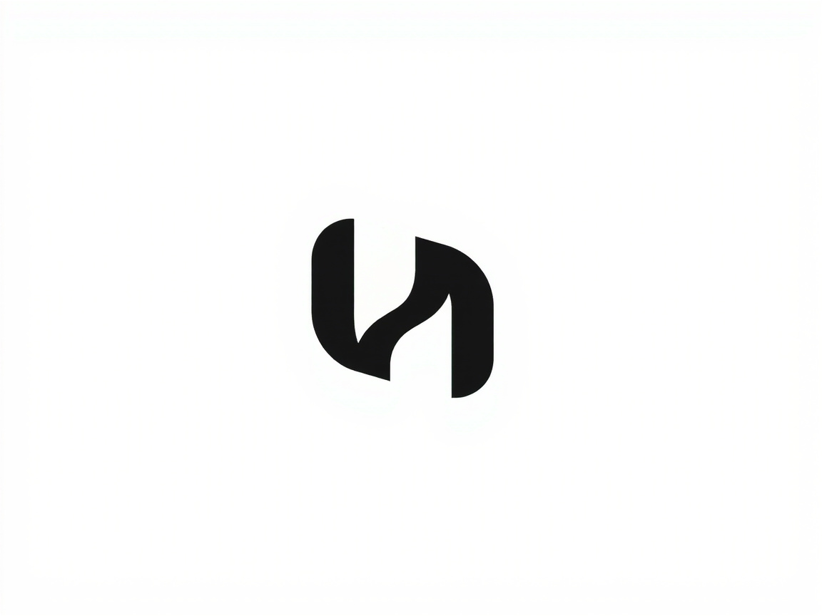 图中展示了一个极简风格的黑白标志设计，背景为纯净的白色。画面中心是一个由黑色几何色块构成的抽象图形，其形状类似于英文字母“H”或“N”的变形组合。该图形由两个主要的垂直色块组成，左侧色块顶部圆润，右侧色块则呈现出向右弯曲的弧度，中间通过一条倾斜且带有波浪感的力量感线条相连。整体构图居中，黑白对比强烈，视觉效果简洁有力。从 AI 生成的角度观察，该图形的边缘虽然大致平滑，但在中间连接处的弧线转折显得略微生硬，缺乏矢量设计中常见的完美数学曲线精度。此外，图形的右下角切口处存在细微的锯齿感，且左右两部分的视觉重心略显失衡，这反映了 AI 在处理对称性与几何逻辑时可能存在的细微偏差。