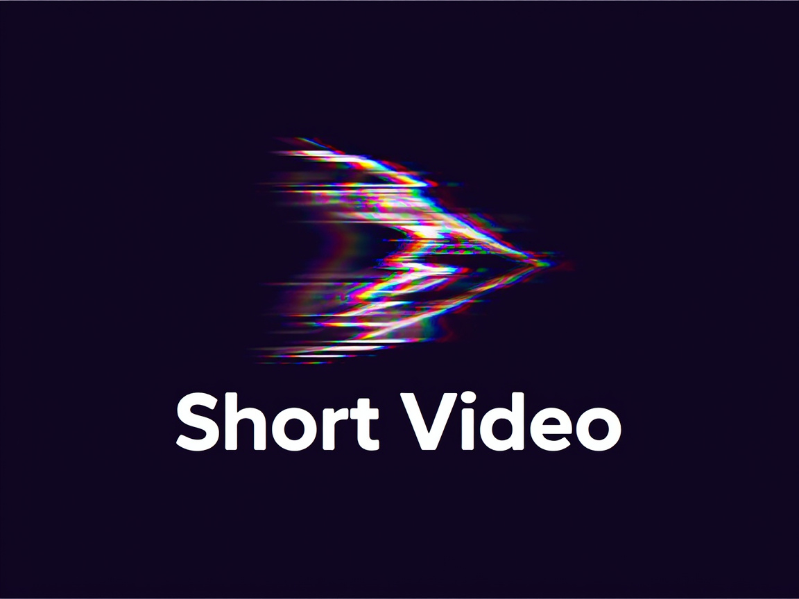 画面中呈现的是一张极简风格的平面设计图，背景为纯净的深黑色。图像中心是一个具有强烈动感的抽象图标，其形状类似于向右指的播放按钮或箭头。该图标采用了“故障艺术”风格，由无数细长的彩色横向线条组成，色彩包含了红、绿、蓝、白等高饱和度的色调，营造出一种电子信号干扰或快速移动的视觉错位感。在图标下方，居中排列着白色粗体无衬线字体的英文词组“Short Video”。

从 AI 生成的角度观察，画面整体构图规整，文字拼写准确，没有明显的逻辑错误。主要的 AI 特征体现在中心图标的随机性上：那些彩色线条的分布虽然营造了速度感，但在细节处显得较为杂乱，缺乏人工设计中常见的几何精确性。此外，图标左侧的边缘消融处理略显生硬，线条的断裂感呈现出一种算法特有的随机纹理，而非完全自然的艺术笔触。