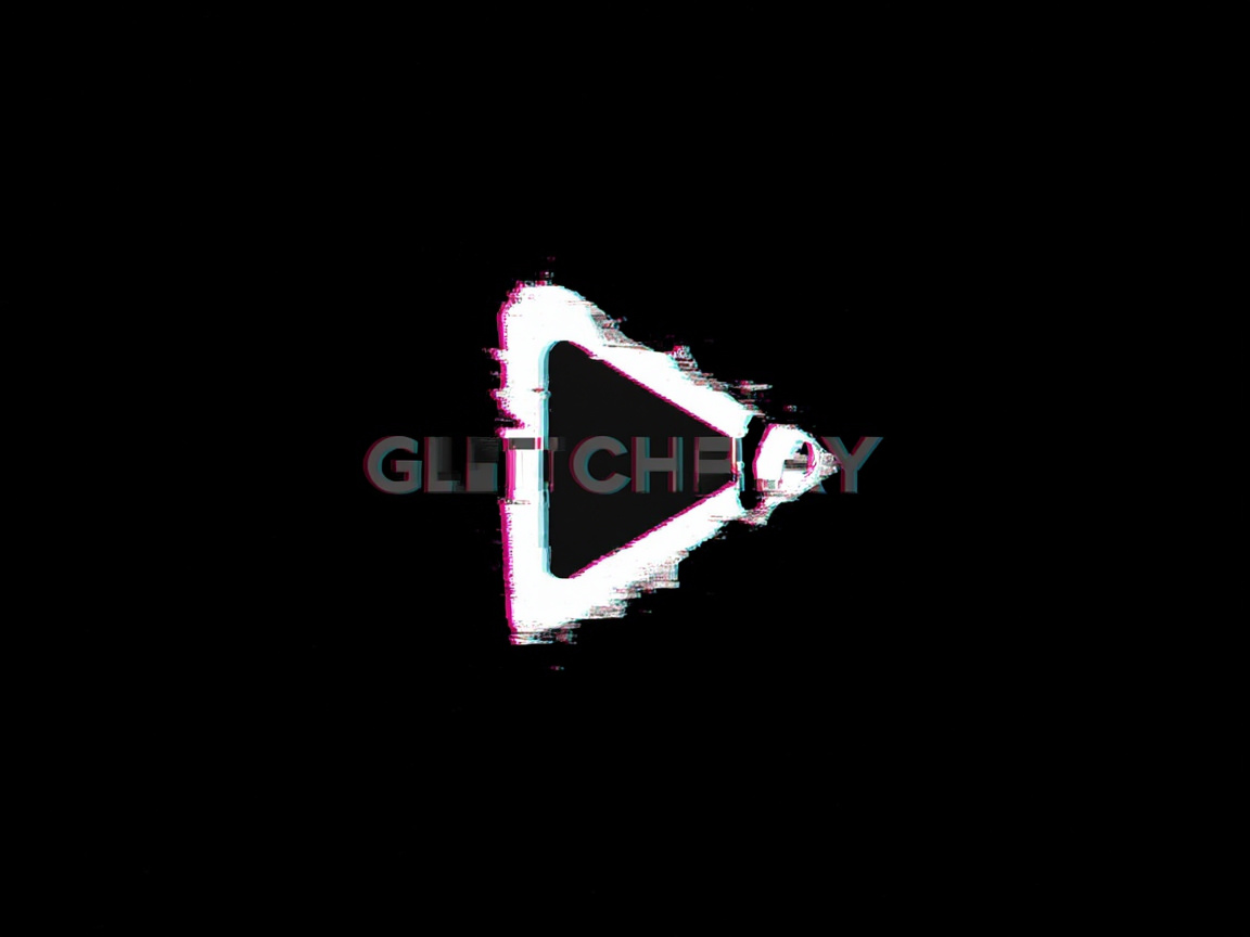 图中展示了一个具有强烈“故障艺术”风格（Glitch Art）的视觉设计。在纯黑色的背景中心，有一个白色的等边三角形轮廓，其尖端指向右侧，类似于常见的视频播放按钮。这个三角形并非线条平滑，而是呈现出剧烈的数码破碎感，边缘伴有粉红色和青蓝色的色散重影，仿佛老式电视信号受到干扰。在三角形的中心横向排列着一组英文单词，依稀可以辨认出是“GLITCH PLAY”，文字同样叠加了红蓝错位的重影效果。

从 AI 生成的角度来看，画面存在明显的逻辑缺陷：文字部分出现了严重的拼写混乱和字母重叠，原本应为“GLITCH”的单词中，字母“T”和“C”扭曲交织，且在三角形右侧尖端处，文字与图形的遮挡关系显得非常生硬，字母“P”和“L”几乎被白色的光斑完全吞噬，导致文本难以完整阅读。此外，三角形右侧的线条断裂处显得不够自然，更像是随机的色块堆砌而非有意的艺术处理。